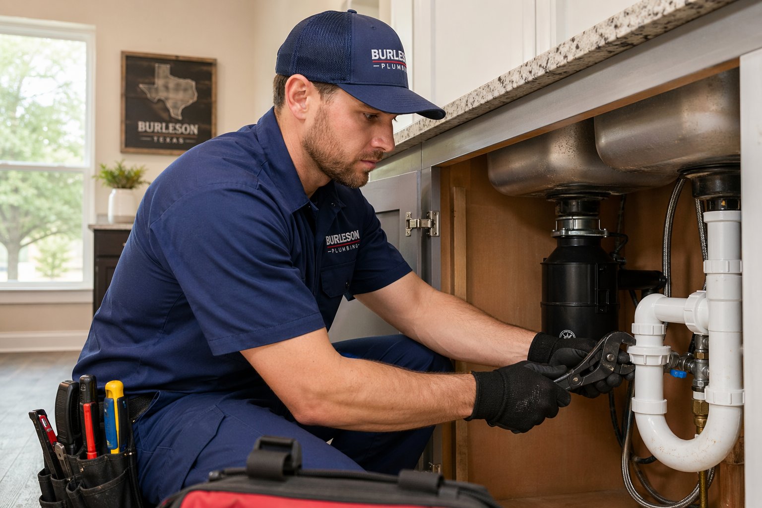 A plumber working on pipes under a sink in a home or business setting.