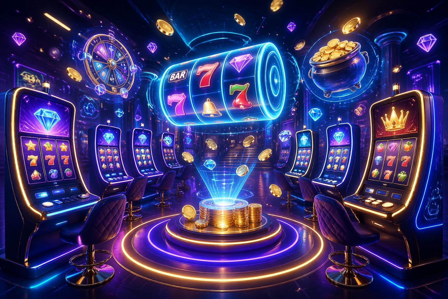 Suasana futuristik dengan banyak mesin slot yang menyala dan cahaya neon di dalam kasino online.