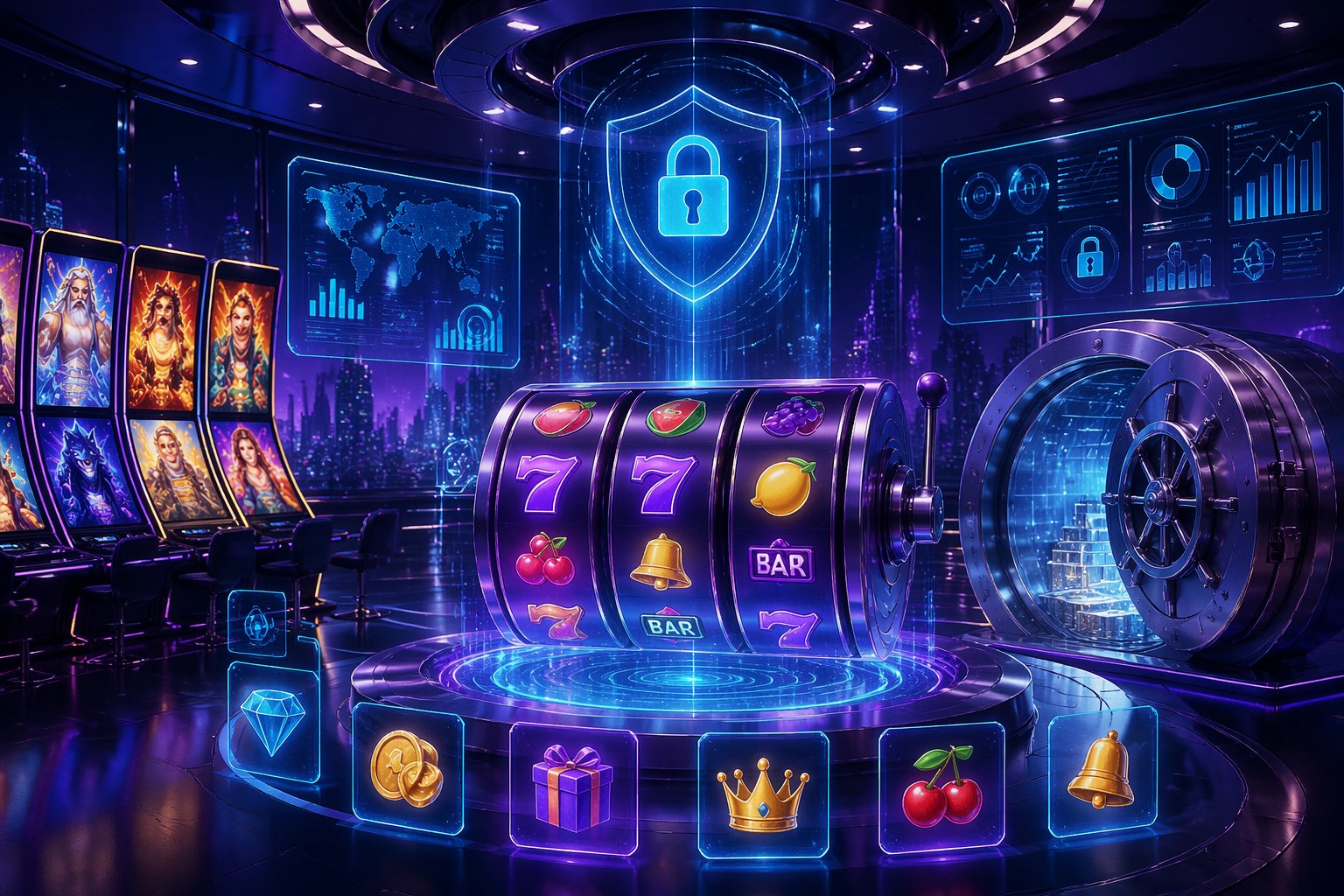 Pemandangan ruang permainan digital dengan mesin slot berwarna-warni dan elemen keamanan digital yang futuristik.