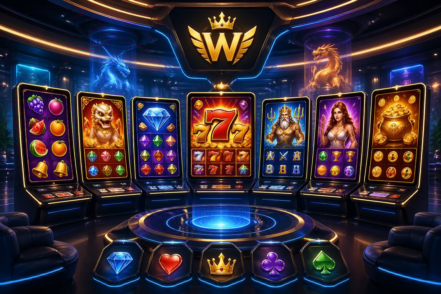 Tampilan 3D dari antarmuka kasino online dengan beberapa mesin slot berwarna-warni di ruang permainan digital yang modern.