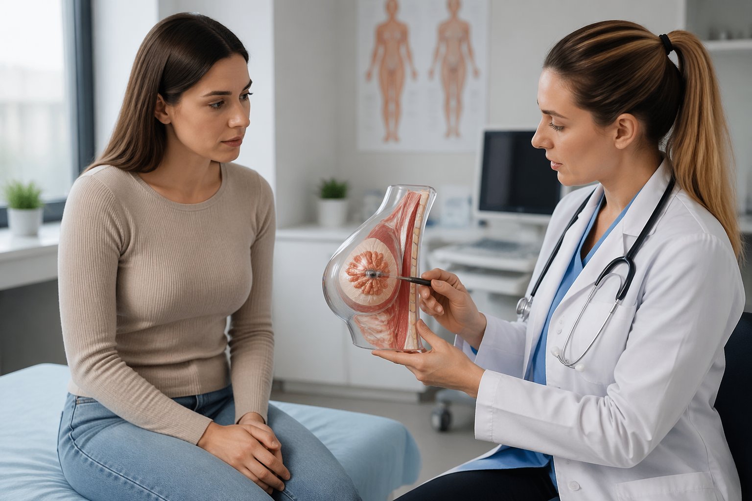 A doctor explains breast augmentation risks to a female patient using an anatomical breast model in a medical office.