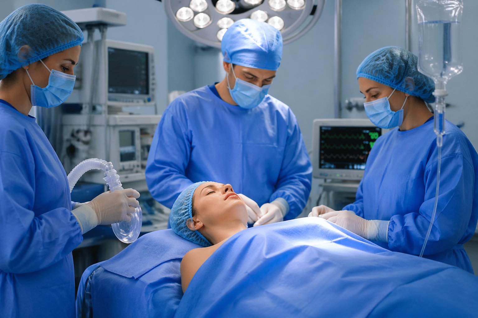 A female patient on an operating table surrounded by medical staff in a surgical room with monitoring equipment.