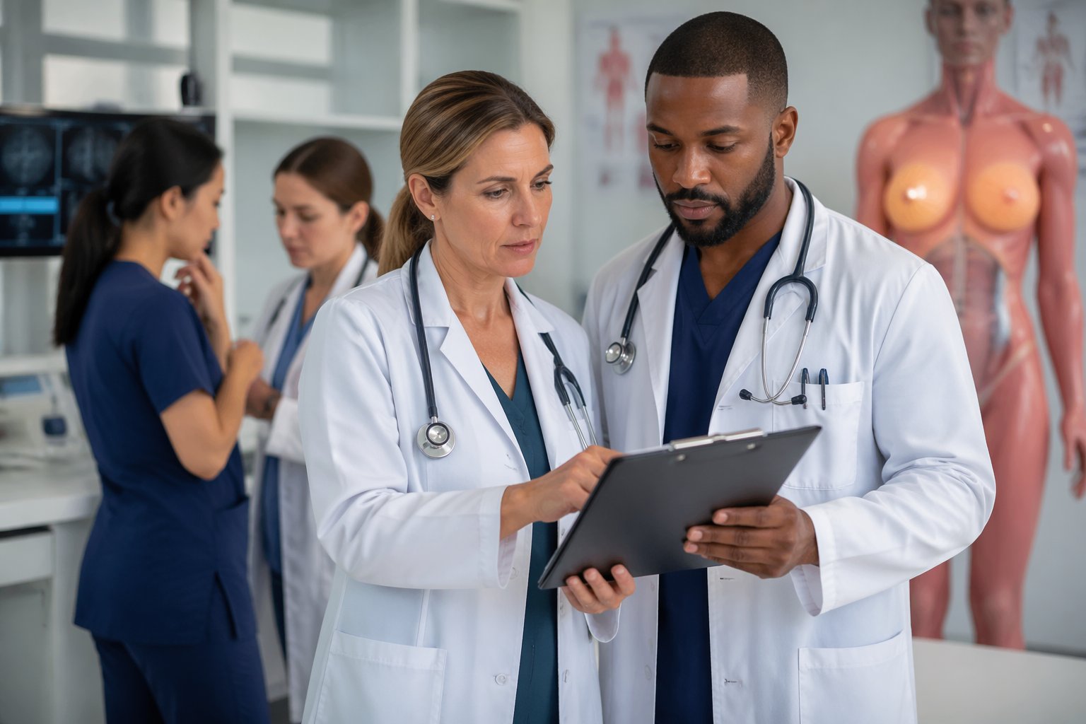 Medical professionals discussing patient charts in a clinical setting with a female torso model in the background.