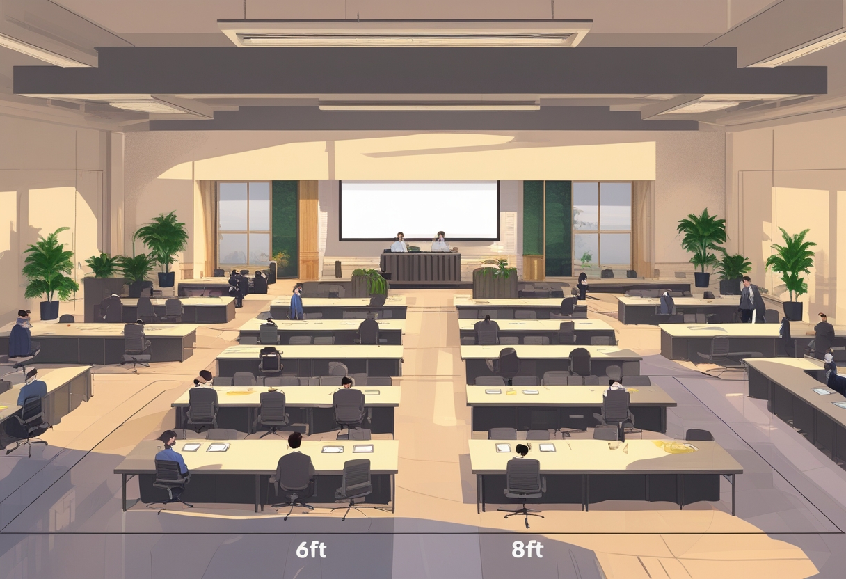 A corporate event room with several rectangular tables of two different sizes arranged neatly, surrounded by office chairs and people in business attire.