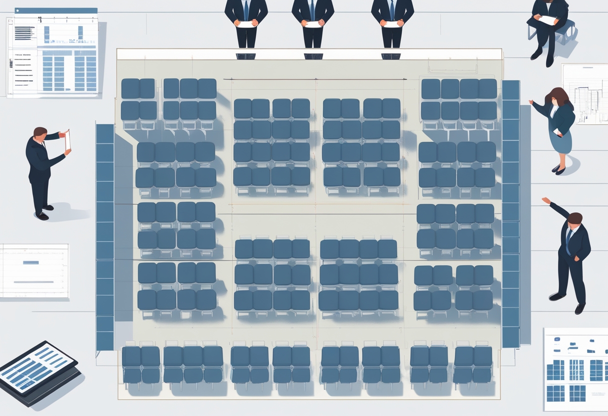 Top-down view of a corporate event hall with 6-foot and 8-foot tables arranged with chairs, showing planners reviewing the seating layout.