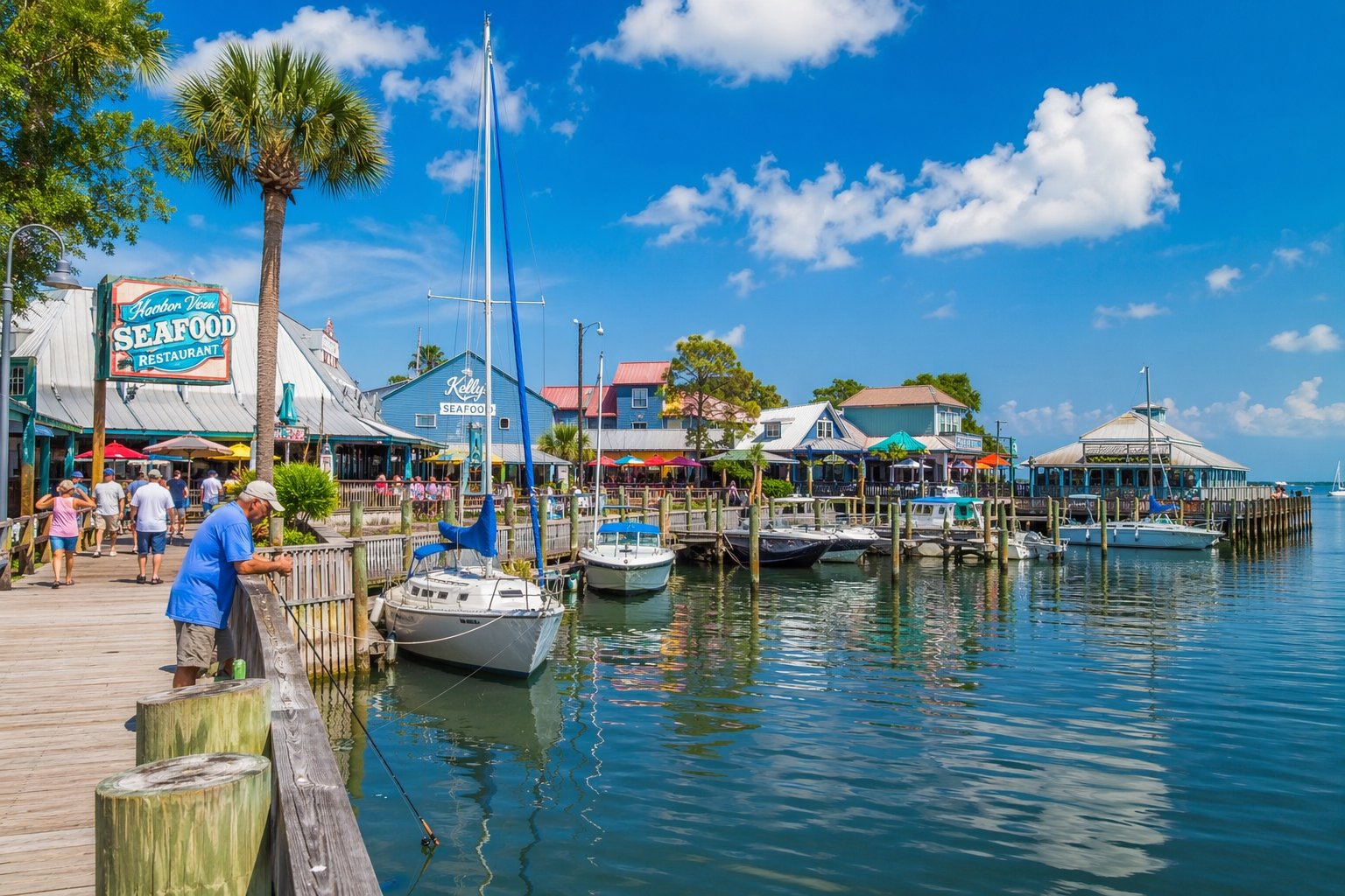 A calm harbor with boats docked along wooden piers, colorful coastal buildings, people enjoying waterfront activities, and palm trees under a blue sky.