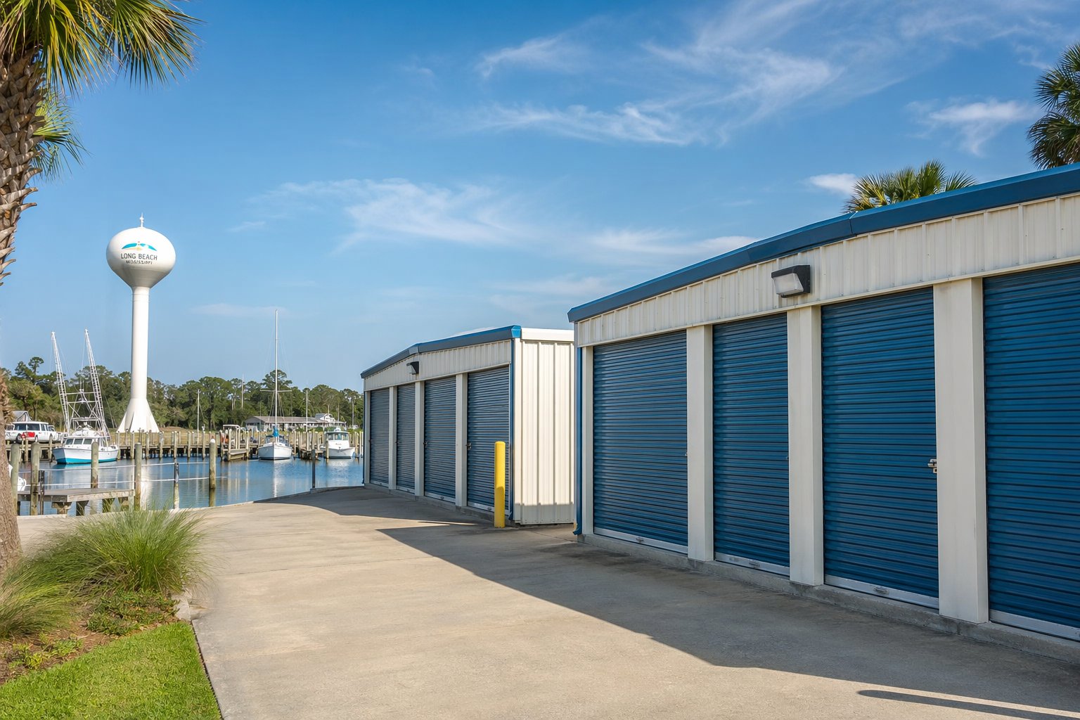 Storage units near a calm harbor with boats docked and palm trees in the background.