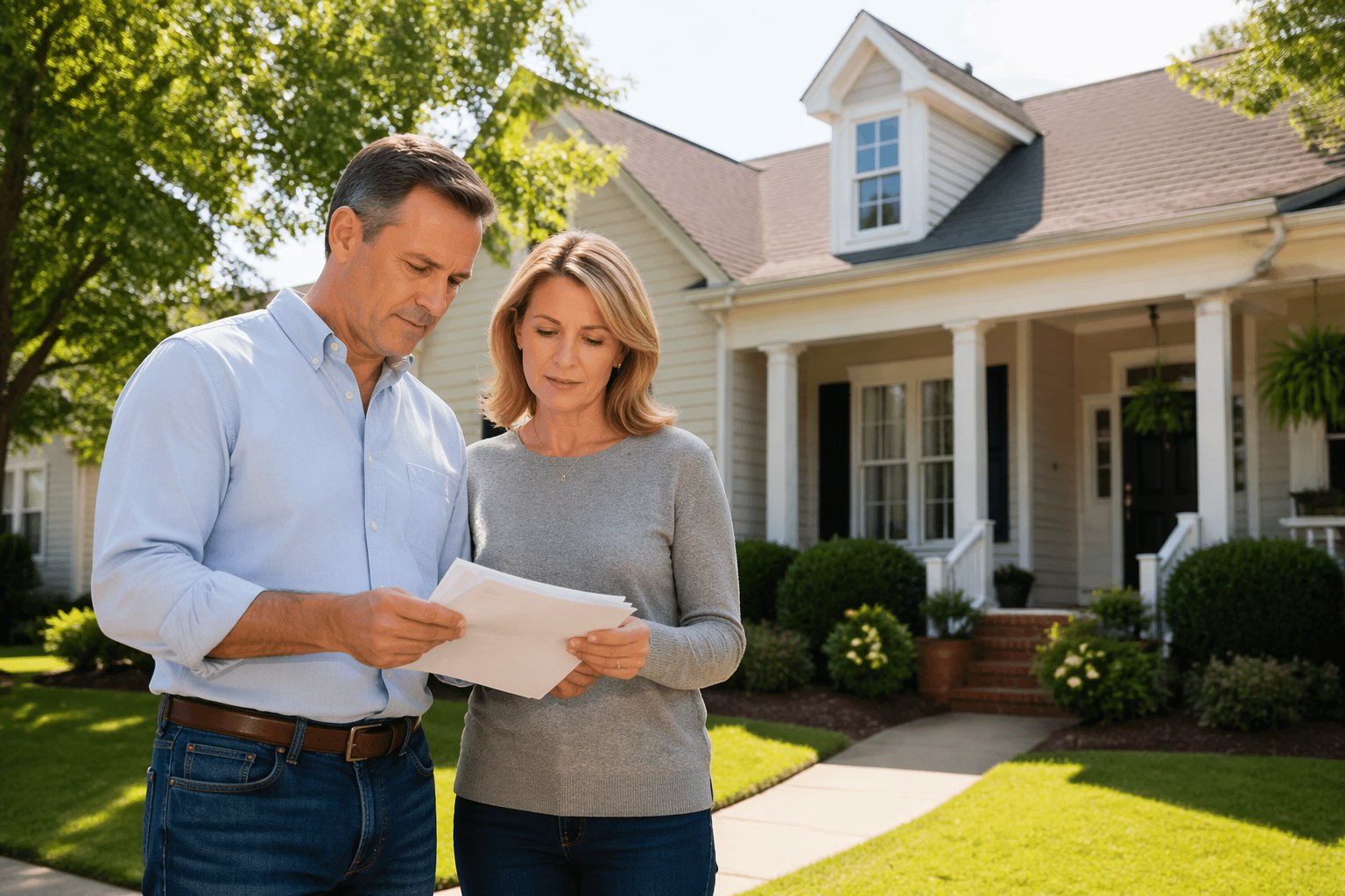 A middle-aged couple standing outside a suburban house, reviewing documents together on a sunny day.