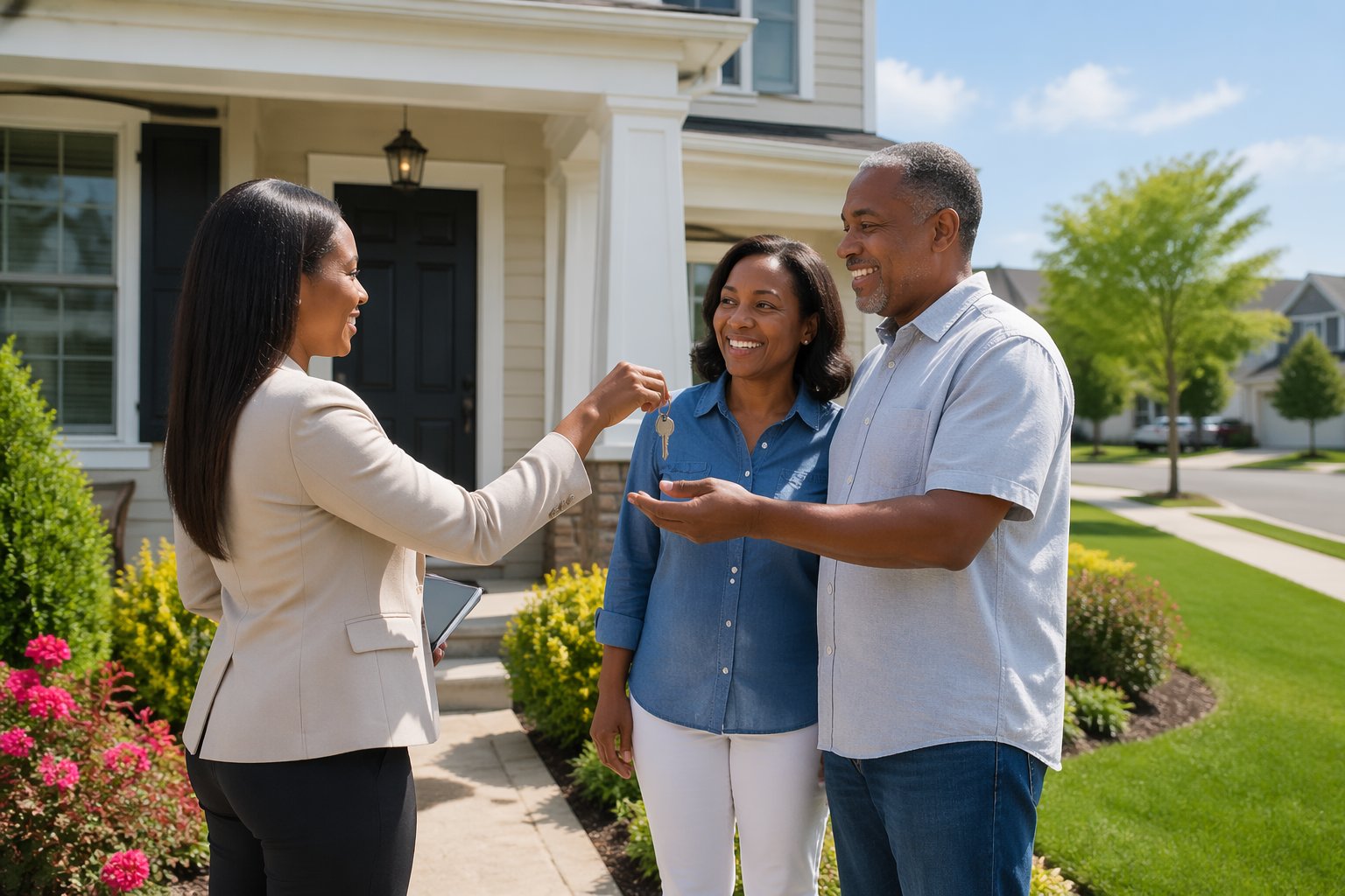 A real estate agent handing keys to a smiling couple in front of a well-kept suburban house with a green lawn.