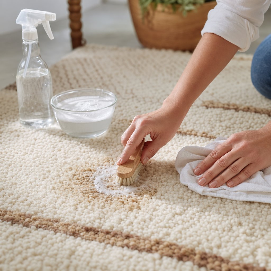 Kaip valyti vilnonį kilimą? 2 Rankos valo dėmę vilnoniame kilime naudojant minkštą šepetį ir valymo priemones šviesioje patalpoje.