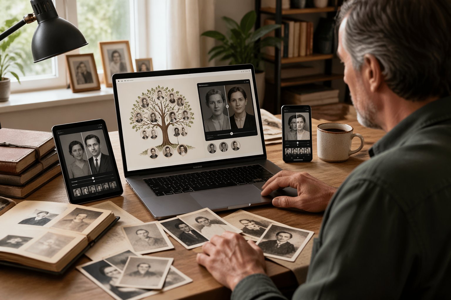 A person using a laptop surrounded by old family photos and digital devices in a cozy home office.