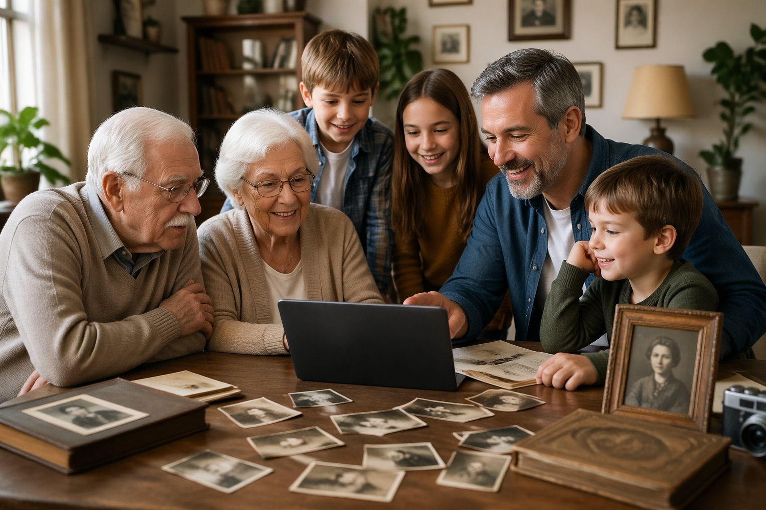 A family gathered around a table looking at old photographs and a tablet showing photo enhancement software.