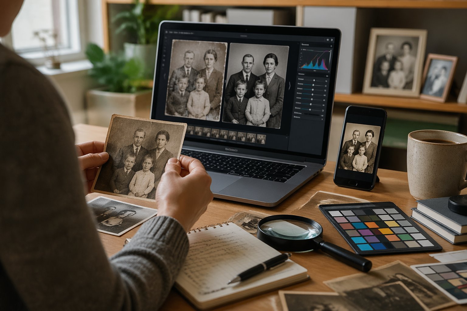 Person restoring old family photos using a laptop and smartphone at a wooden desk with vintage photographs and photo restoration tools.