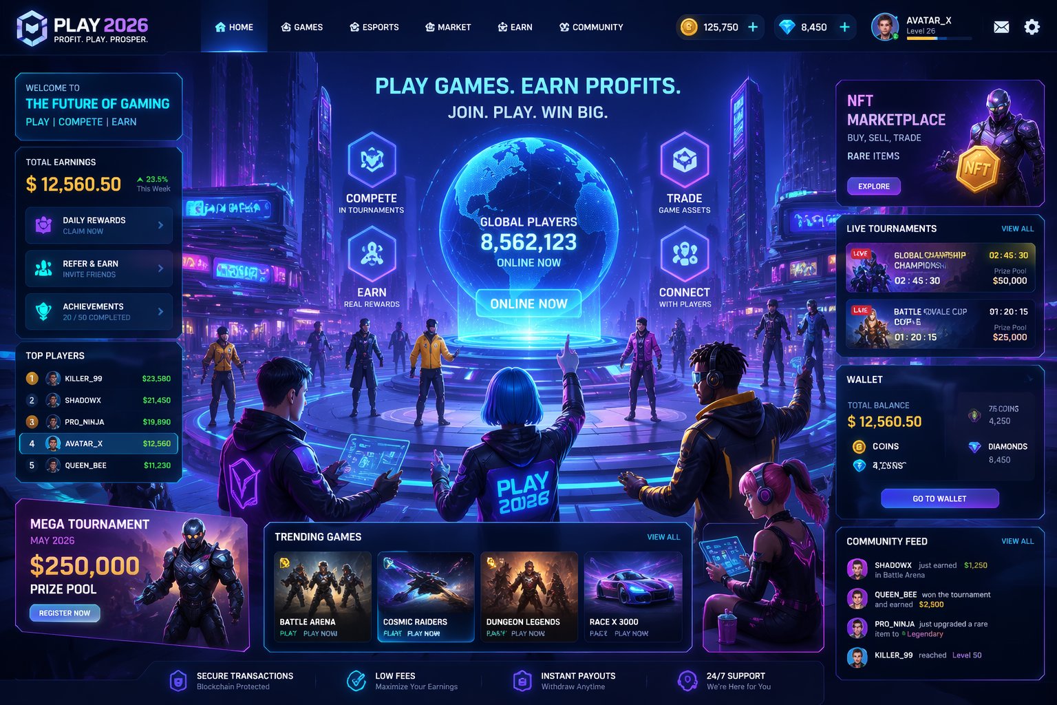 Pemandangan virtual futuristik dengan avatar pemain game berinteraksi di lingkungan digital penuh ikon game dan simbol mata uang digital.