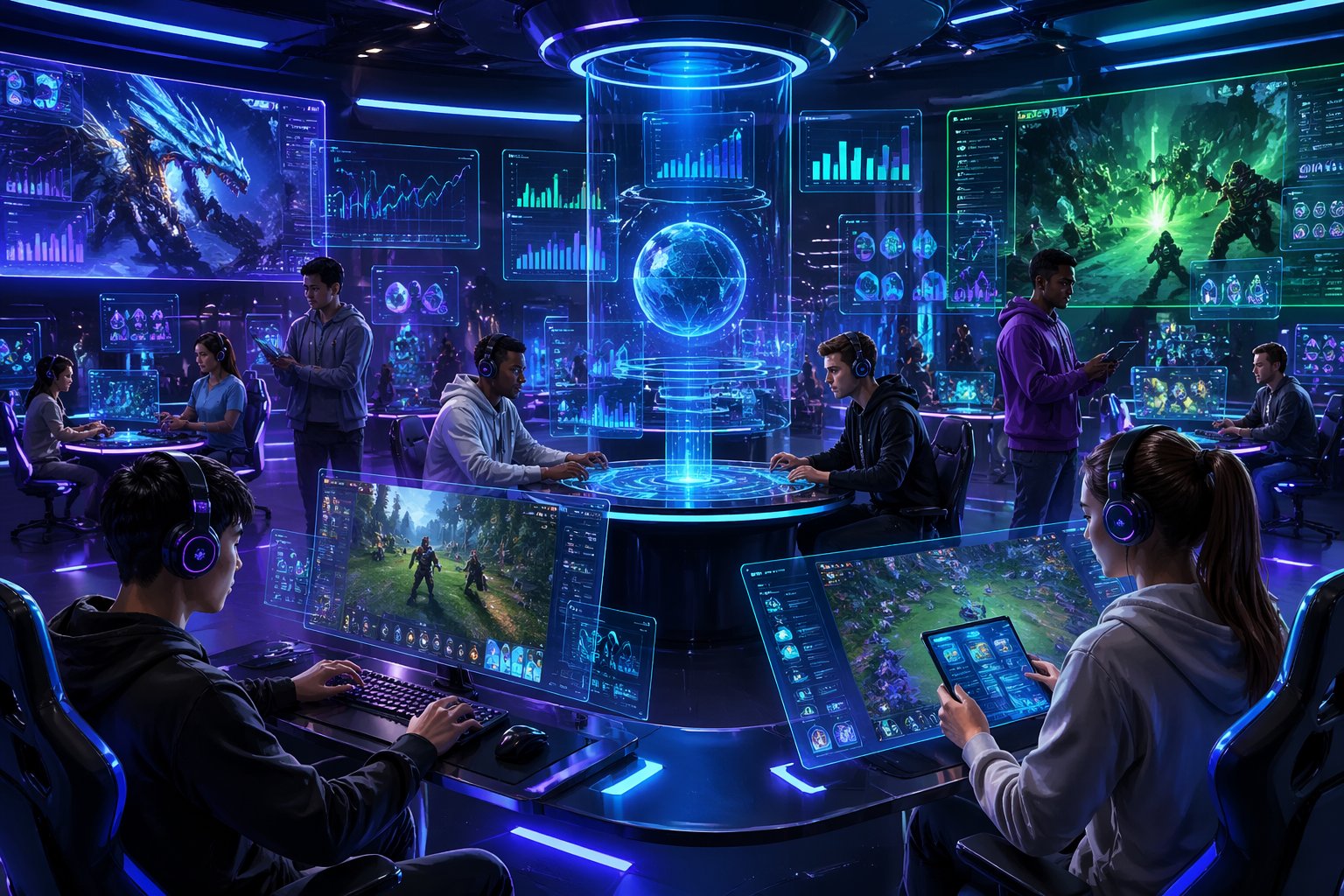 Suasana futuristik dengan pemain yang sedang bermain game online untuk menghasilkan uang di lingkungan digital yang penuh dengan panel data dan grafik.