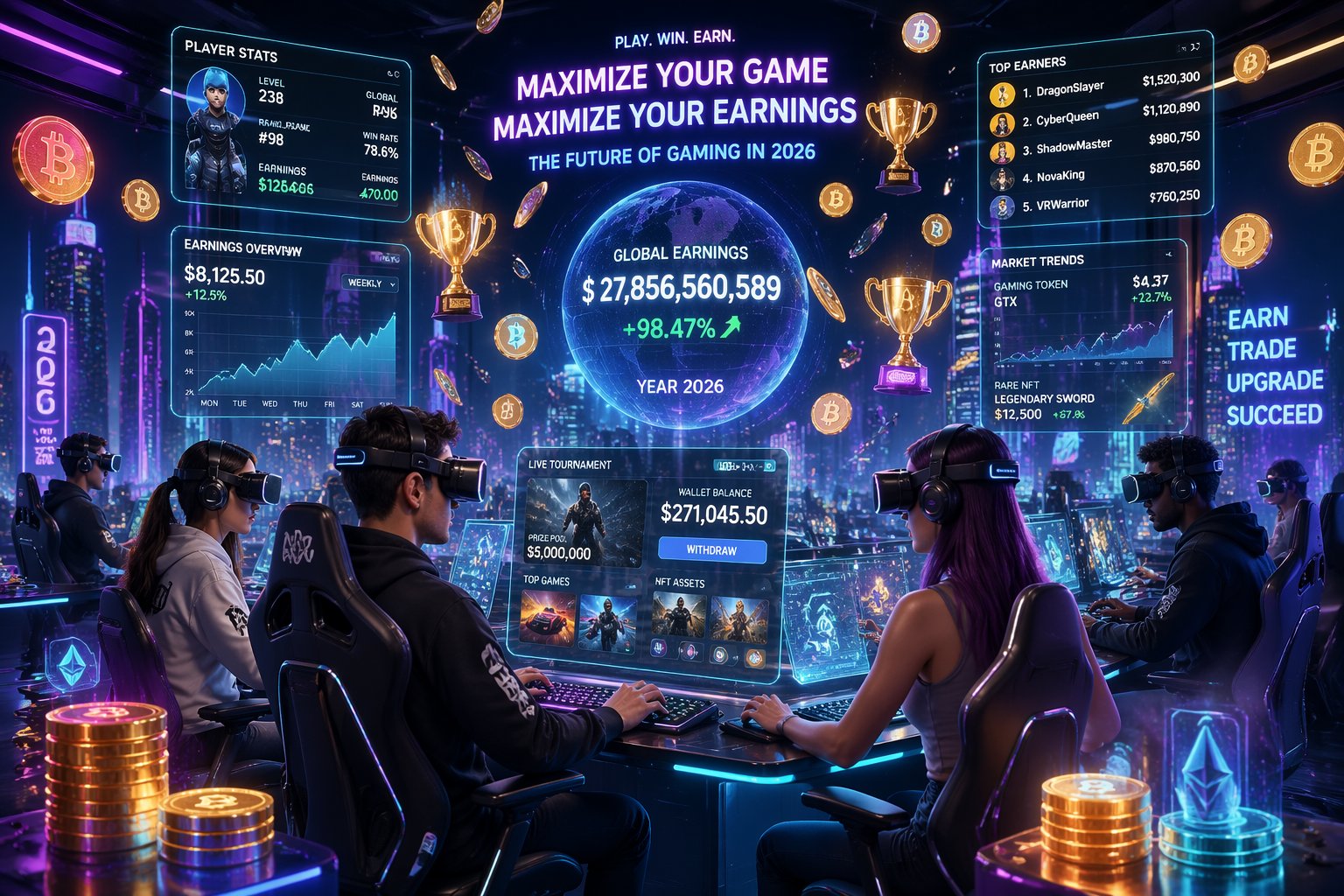 Suasana ruang gaming futuristik dengan beberapa pemain yang fokus menggunakan headset VR dan layar holografik menampilkan grafik dan mata uang virtual.