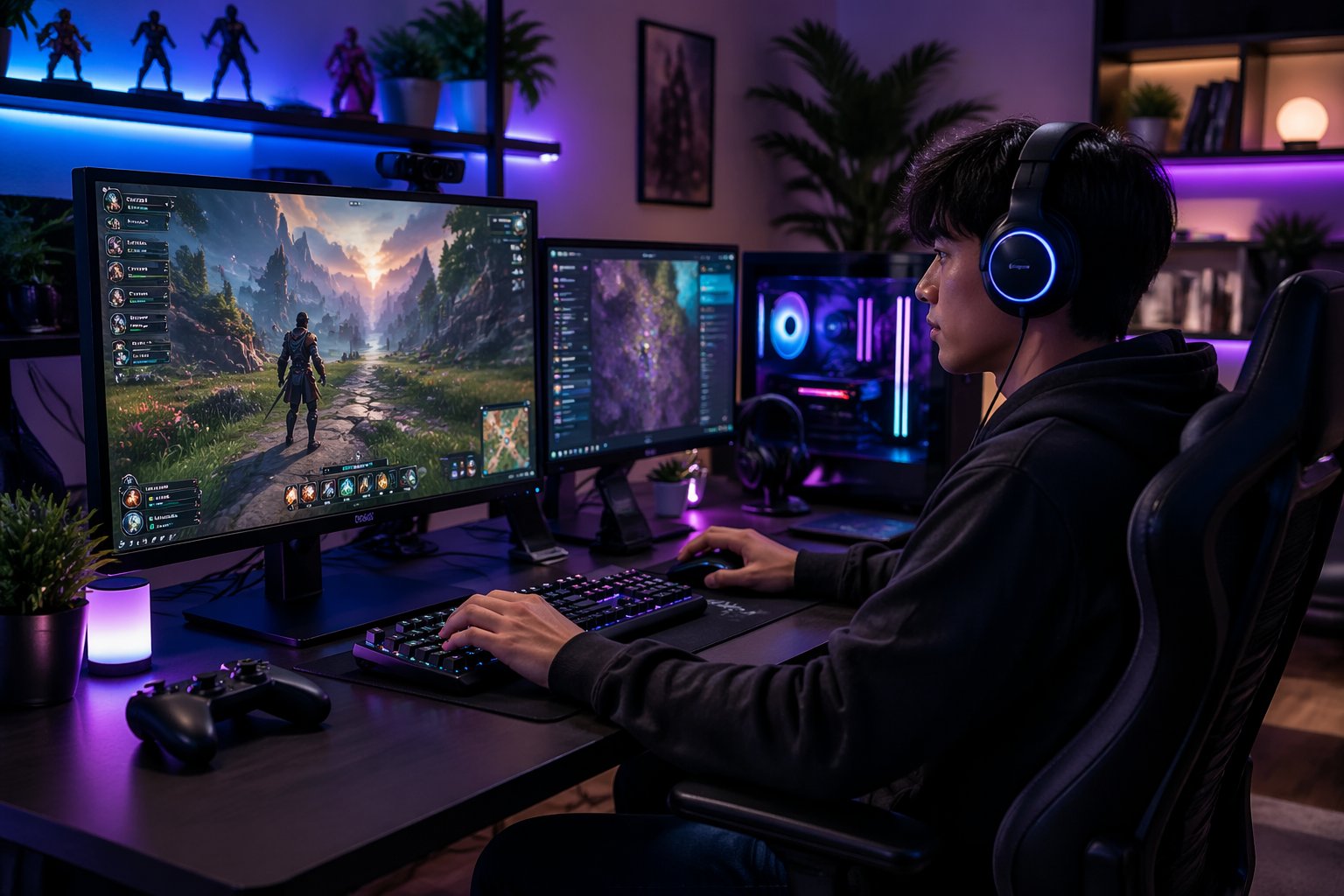 Seorang pemain muda sedang fokus bermain game online di komputer dengan beberapa monitor di ruang permainan yang nyaman dan terang.