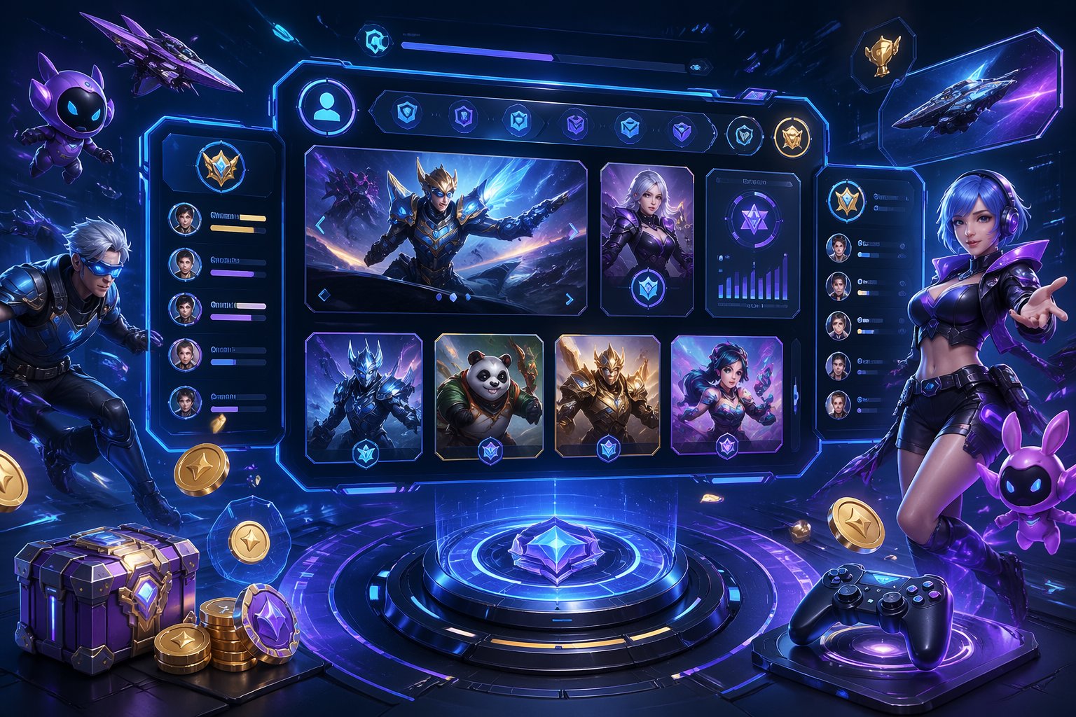 Tampilan antarmuka platform game online futuristik dengan elemen holografik dan efek visual yang menggambarkan permainan yang lancar.
