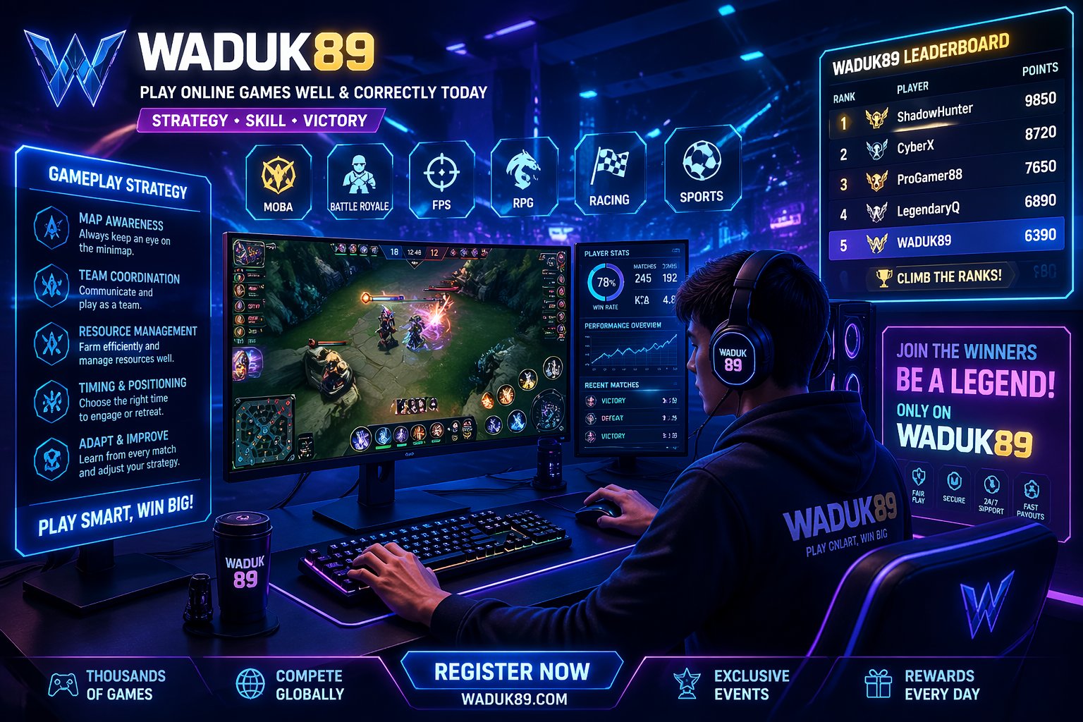 Seorang pemain game duduk di depan komputer dengan beberapa monitor dalam arena permainan digital futuristik yang penuh cahaya neon dan tampilan holografik.