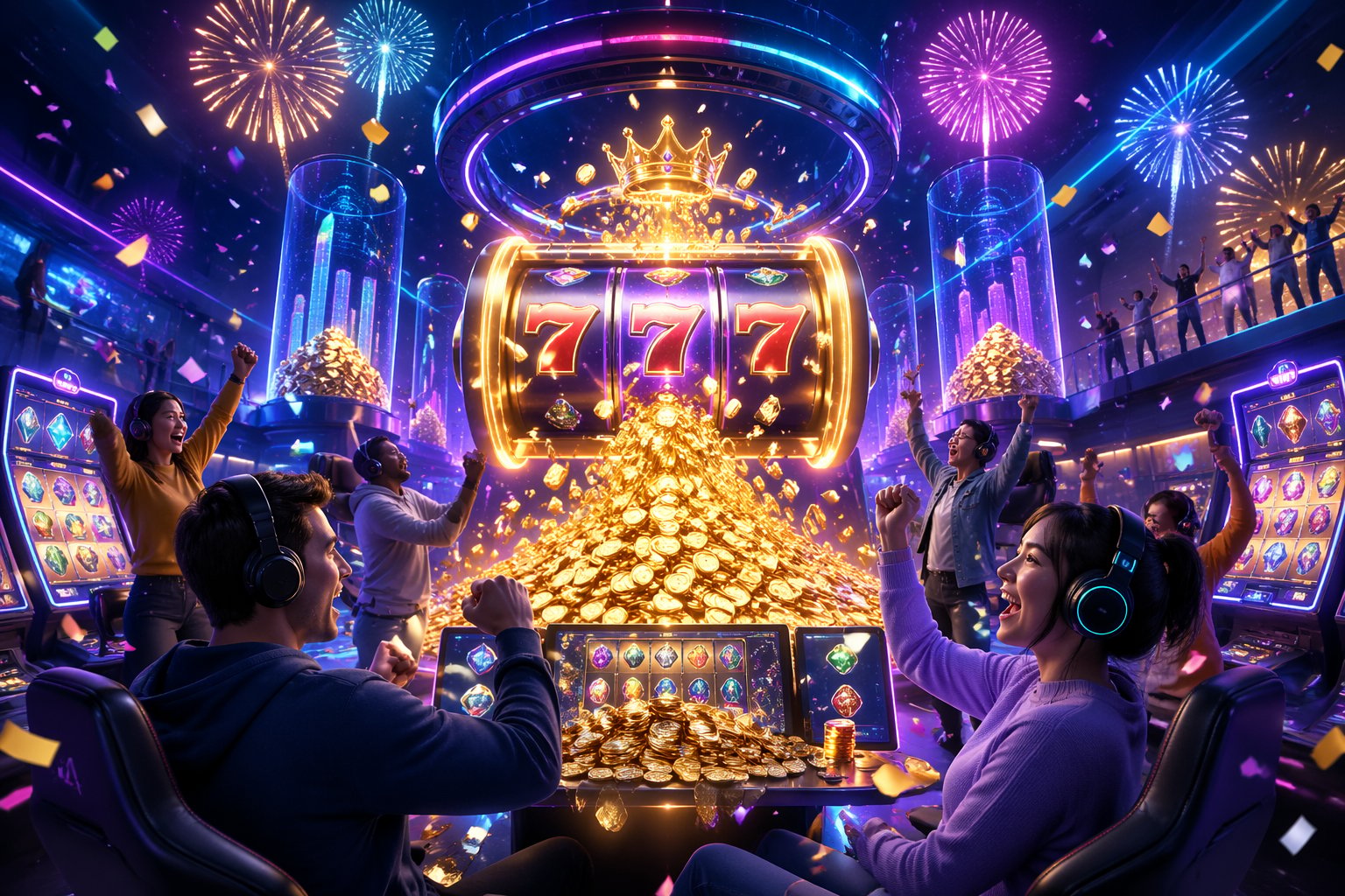Adegan kasino digital dengan mesin slot, koin emas, layar jackpot besar, dan orang-orang merayakan kemenangan.