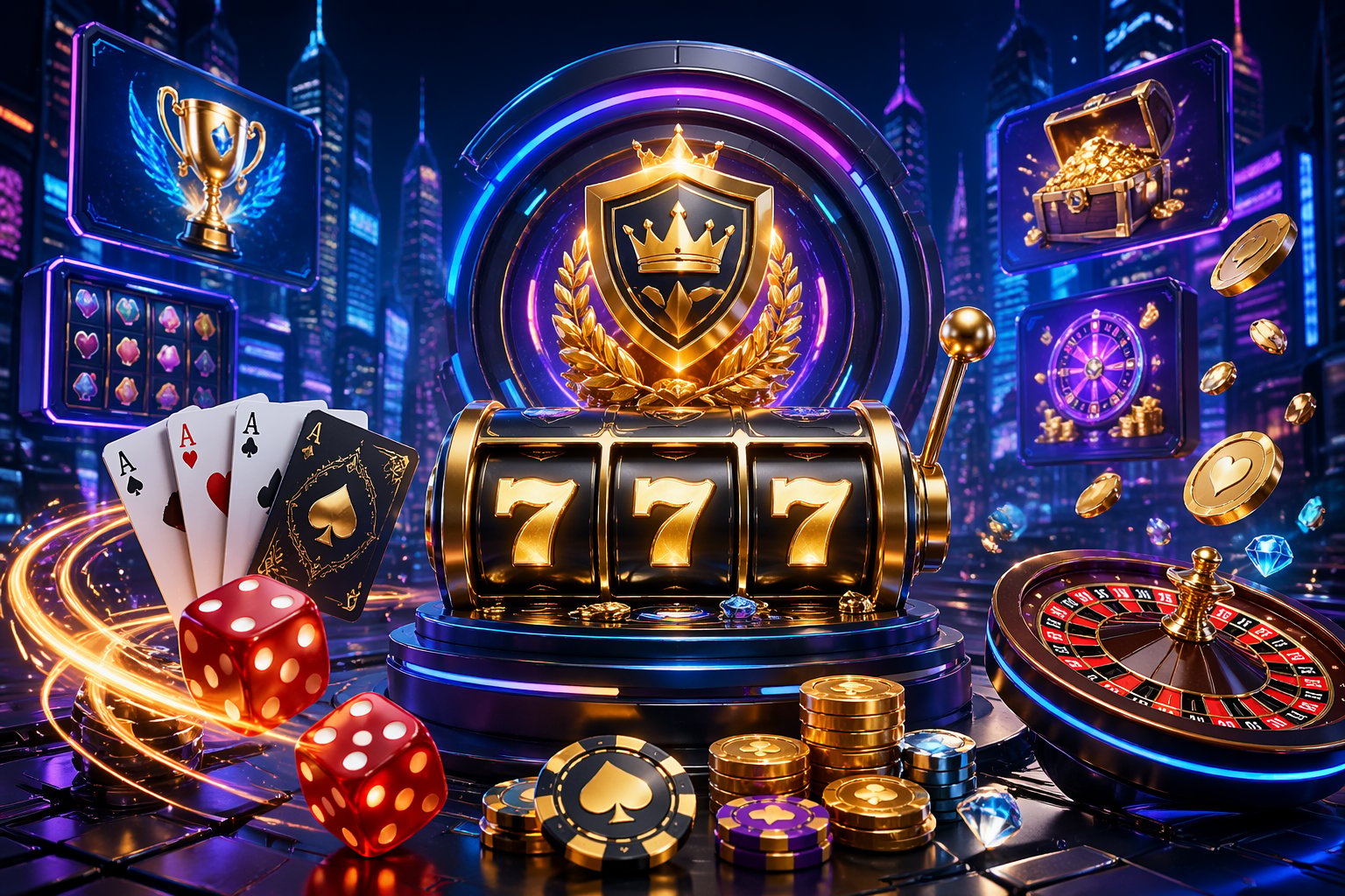 Pemandangan 3D sebuah platform game online dengan suasana futuristik, menampilkan mesin slot, kartu, dan dadu yang berkilauan serta angka jackpot tinggi yang bersinar di latar belakang kota digital.