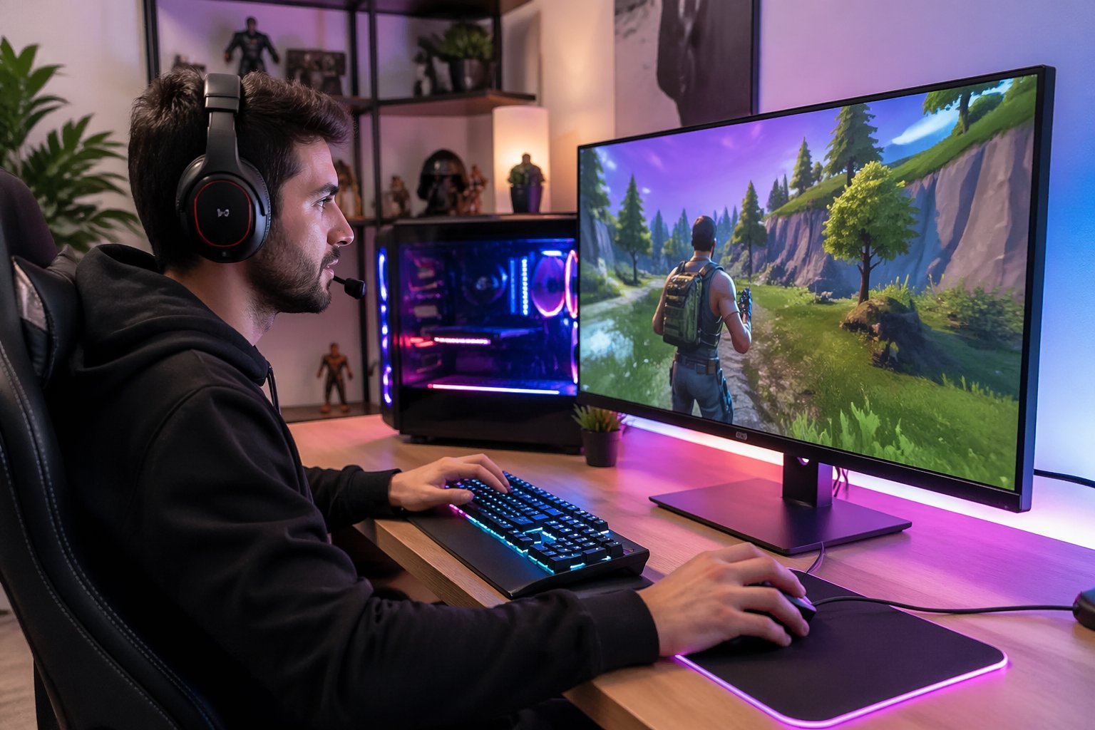 Seorang pria muda duduk di meja modern sambil bermain game online dengan fokus menggunakan komputer di ruangan terang dan rapi.