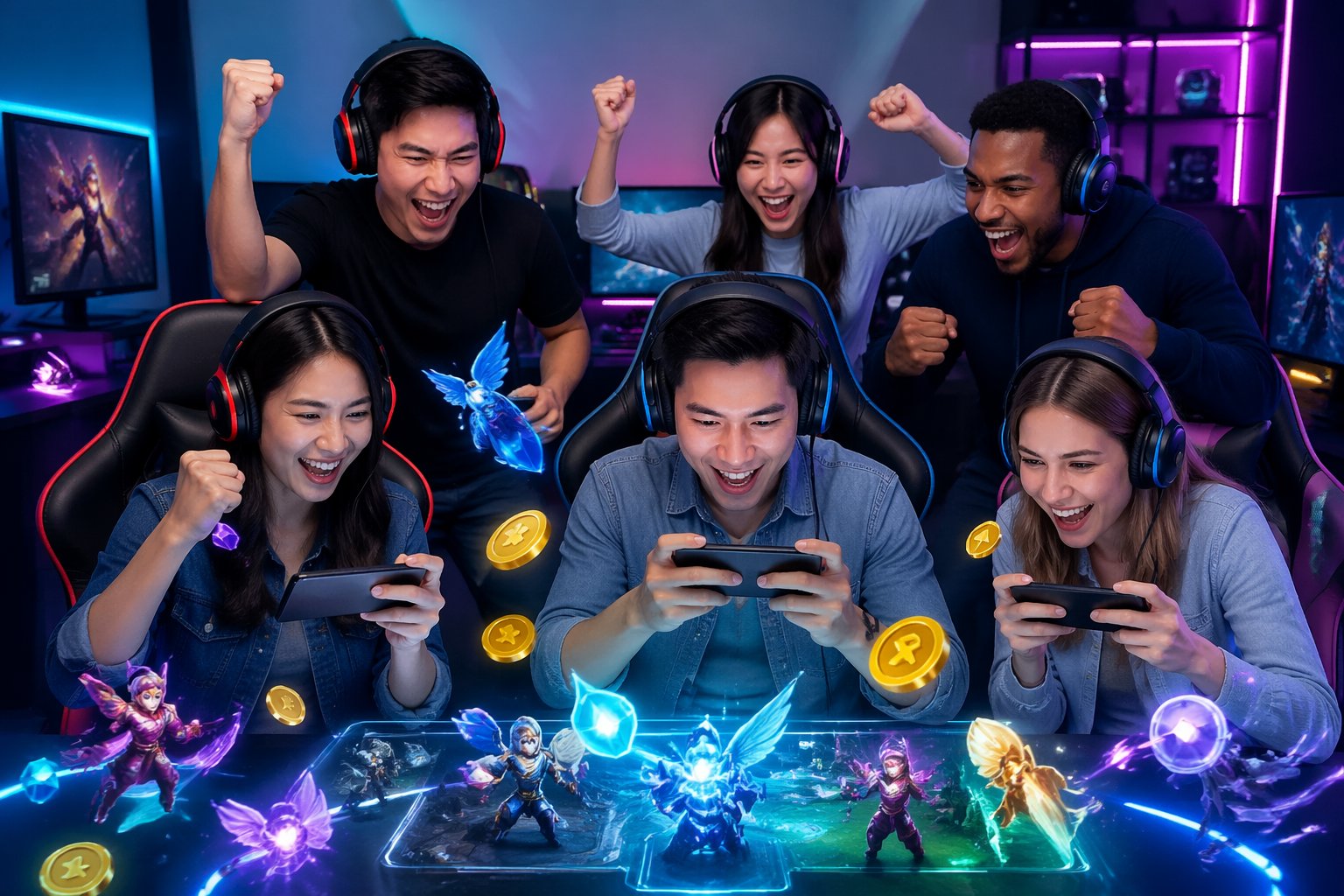 Sekelompok orang muda bermain game online dengan perangkat komputer dan ponsel di ruangan modern yang dilengkapi dengan lampu warna-warni dan beberapa monitor.