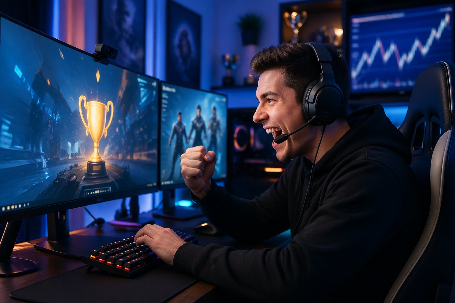 Seorang dewasa muda dengan ekspresi antusias bermain game online di depan komputer dengan beberapa layar dan perlengkapan gaming di ruangan yang terang.