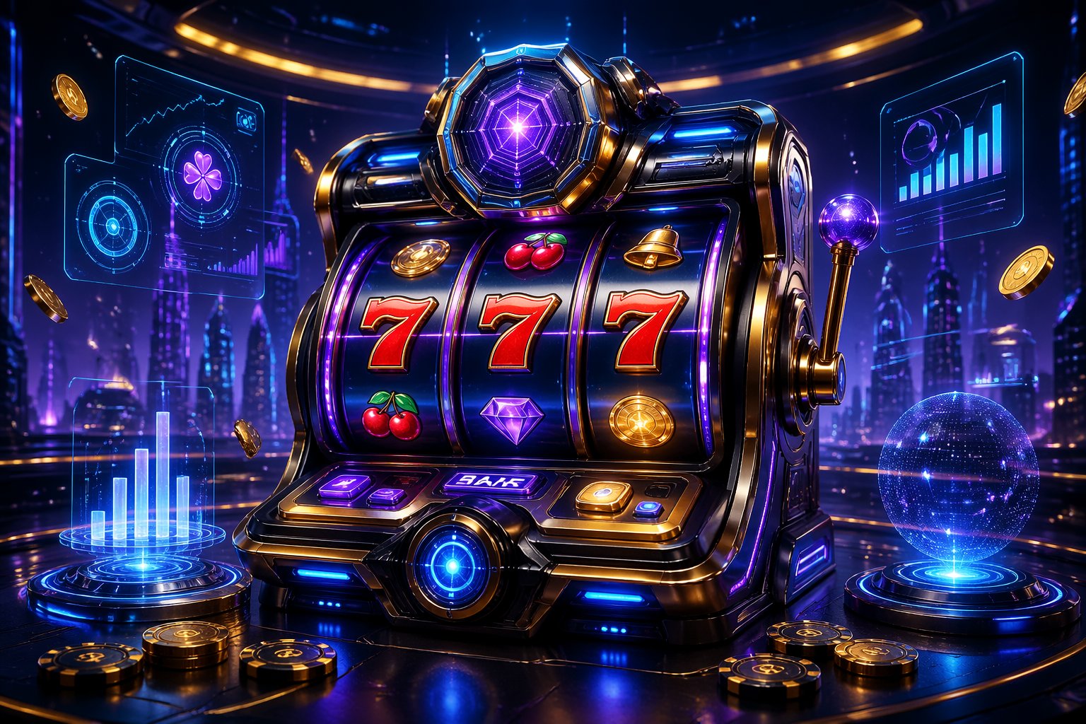 Mesin slot futuristik dengan lampu neon dan simbol keberuntungan di lingkungan kasino modern yang penuh teknologi.