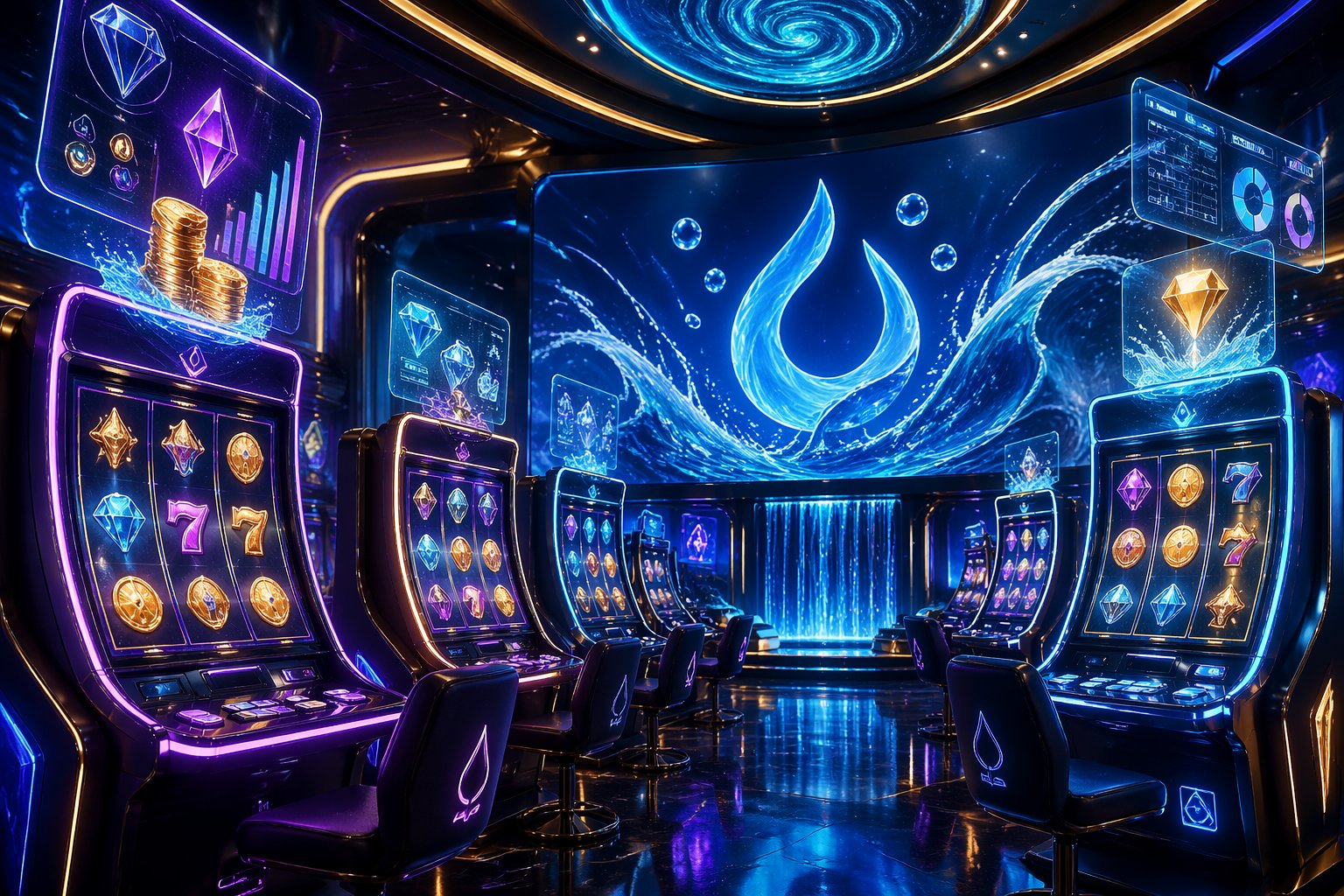 Suasana arcade mesin slot futuristik dengan lampu neon berwarna cerah dan mesin slot modern yang sedang berputar di dalam ruangan yang terang dan penuh semangat.