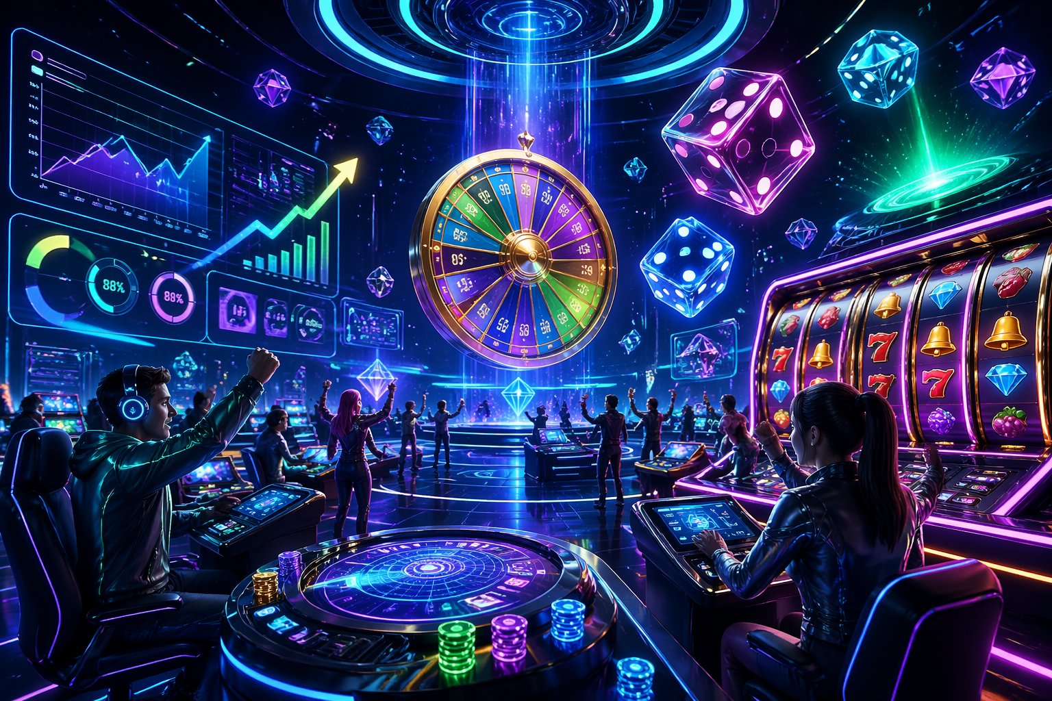 Adegan 3D yang menampilkan arena permainan online futuristik dengan lampu neon dan elemen permainan seperti roda putar dan mesin slot, menunjukkan suasana penuh semangat dan peluang menang besar.