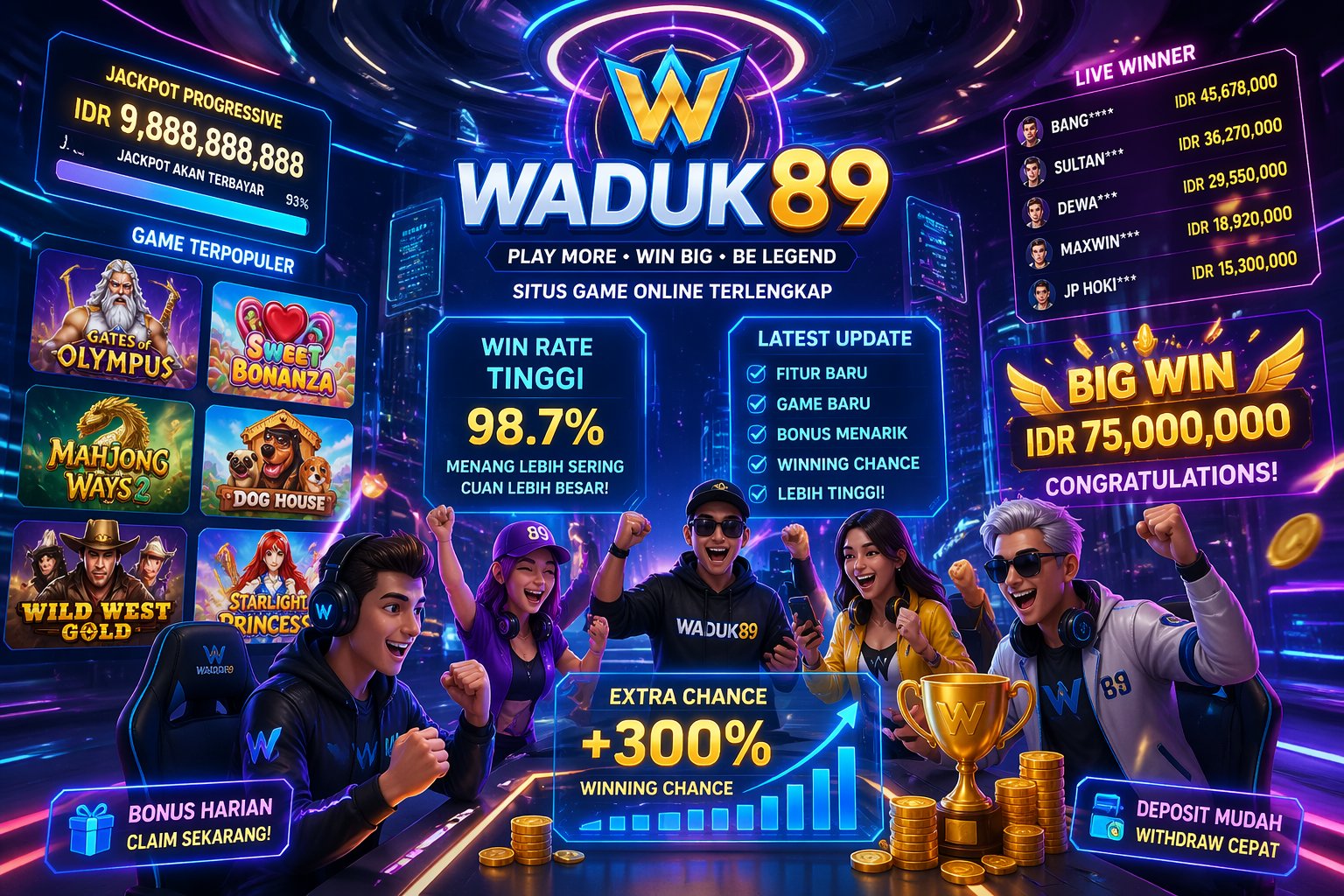 Suasana pusat permainan online dengan layar holografik dan pemain yang merayakan kemenangan besar.