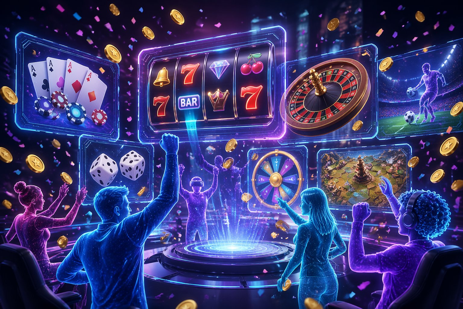 Adegan 3D menampilkan antarmuka permainan online dengan berbagai jenis permainan populer dan pemain yang merayakan kemenangan besar.