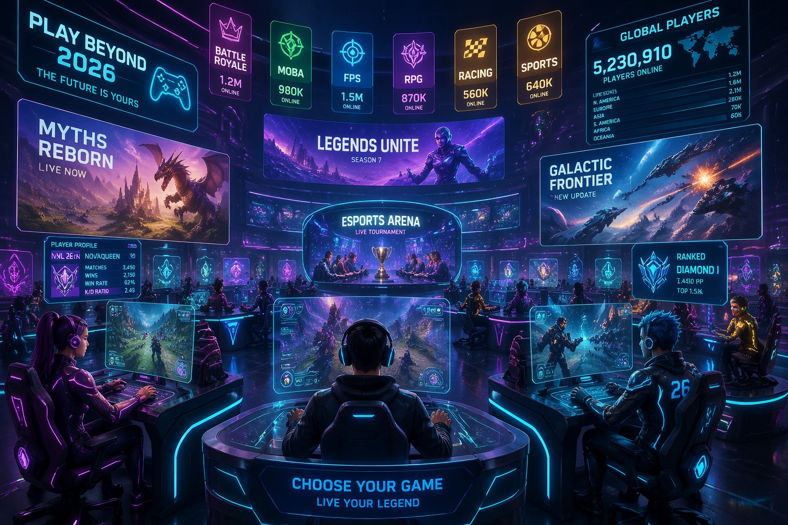 Suasana pusat permainan futuristik dengan beberapa pemain yang sedang bermain game online di berbagai stasiun permainan.