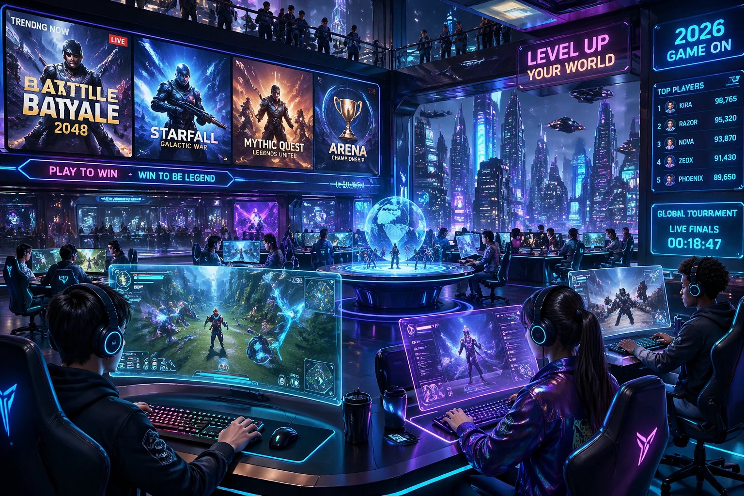 Suasana pusat permainan futuristik dengan pemain yang sedang bermain berbagai game online populer di tahun 2026.