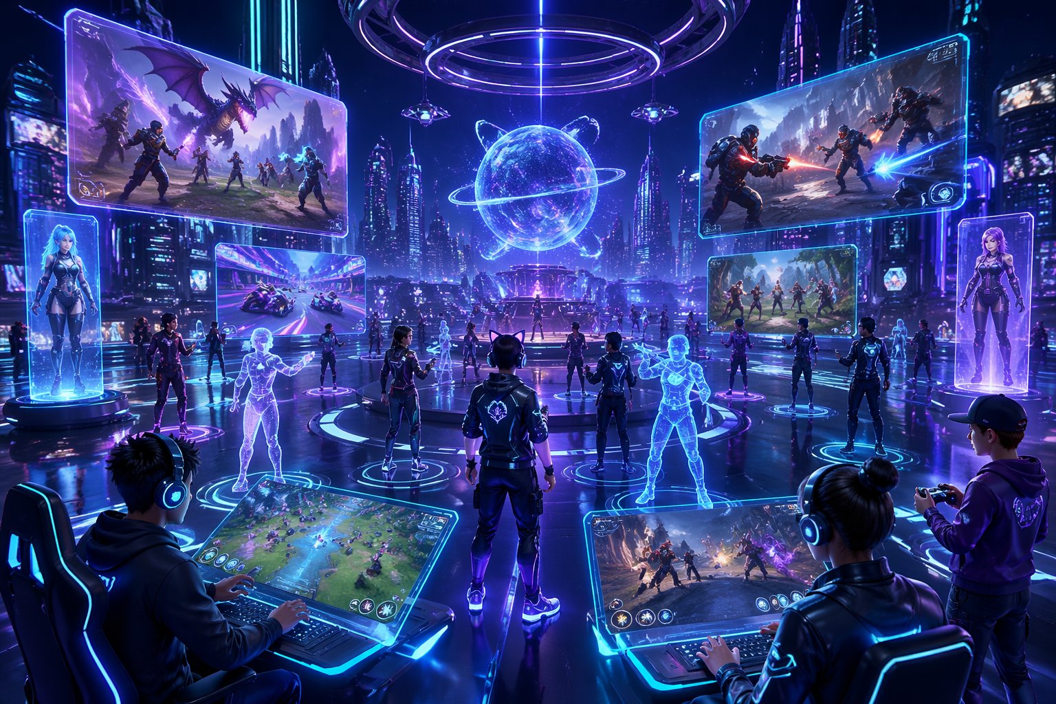 Lanskap digital futuristik dengan pemain avatar yang berinteraksi dalam berbagai permainan online populer di tahun 2026.