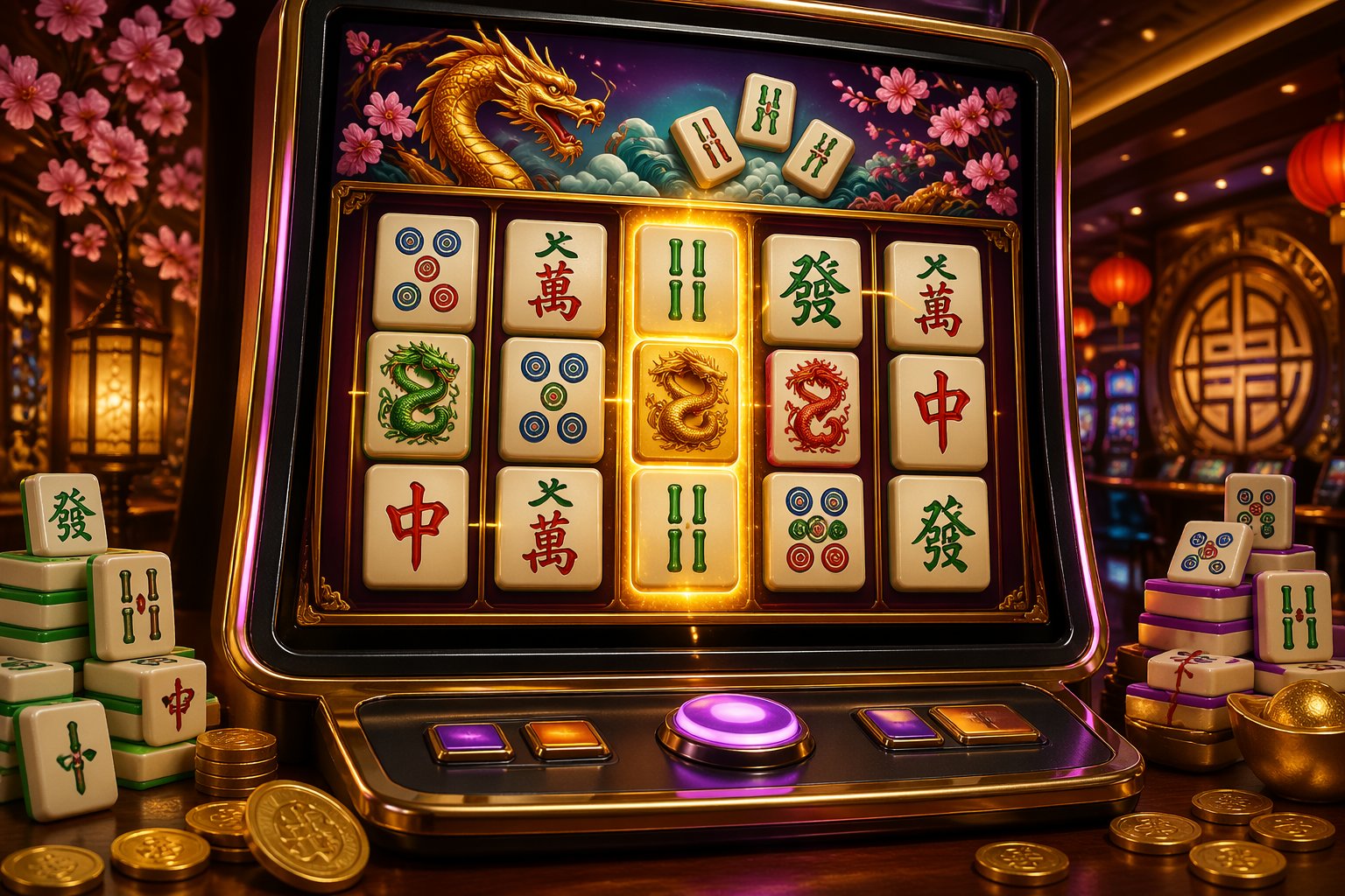 Mesin slot dengan simbol ubin Mahjong yang berputar di latar kasino mewah dengan dekorasi Asia dan koin emas di sekitar.