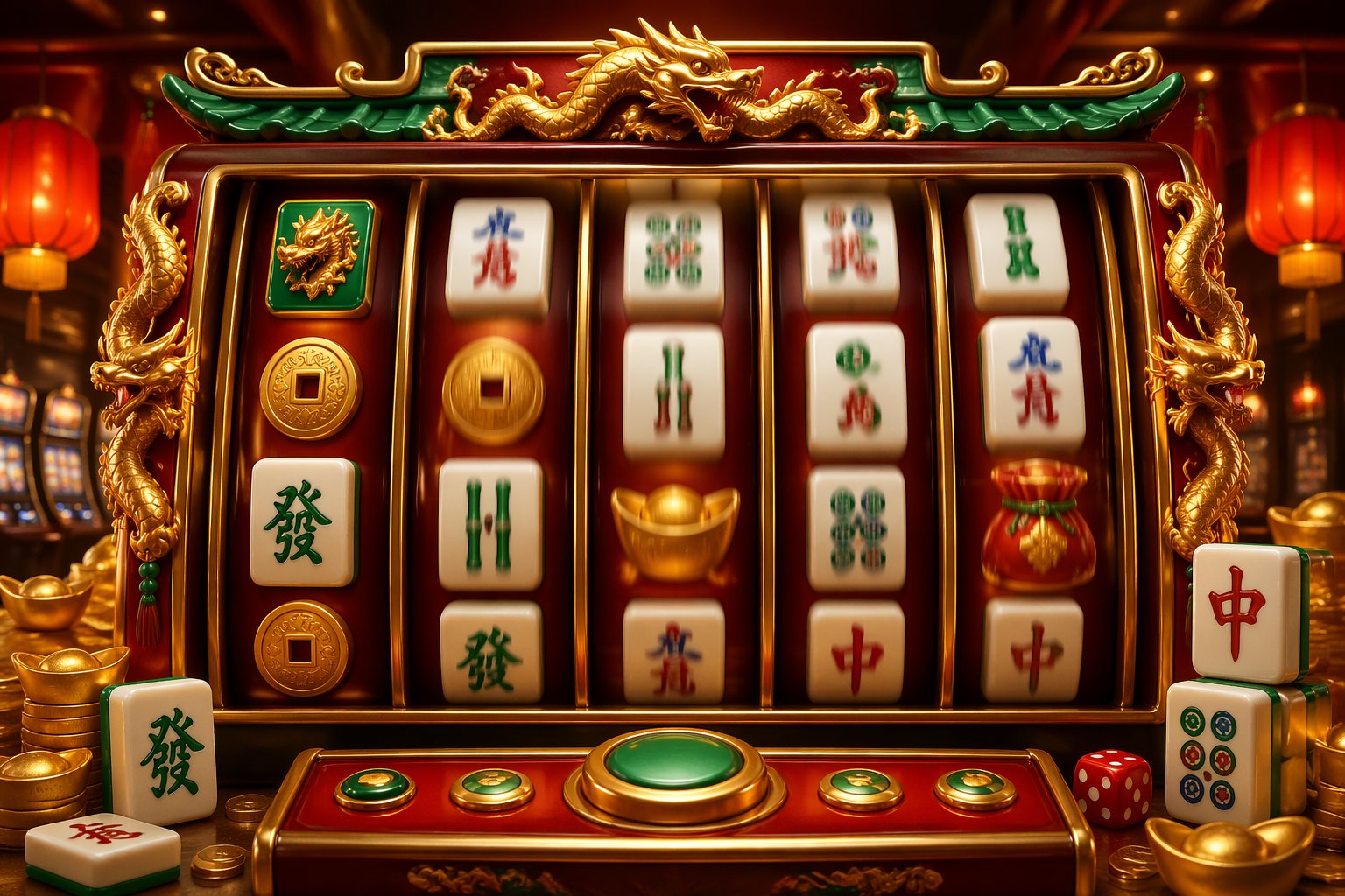 Mesin slot dengan simbol ubin Mahjong berwarna cerah yang sedang berputar di latar kasino yang elegan.