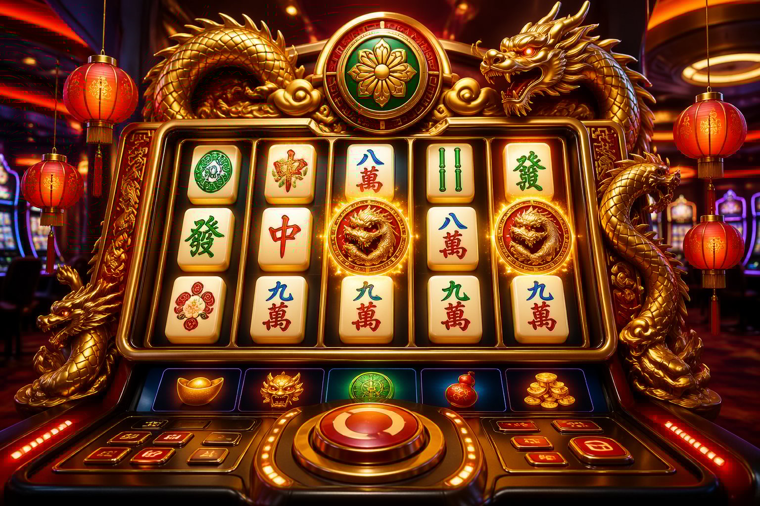 Mesin slot 3D bertema Mahjong dengan ubin mahjong bercahaya dan dekorasi naga emas di latar kasino yang mewah.