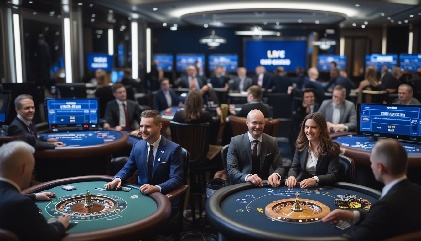 Dealer profesional sedang menjalankan permainan kasino online dengan latar belakang peralatan streaming digital.