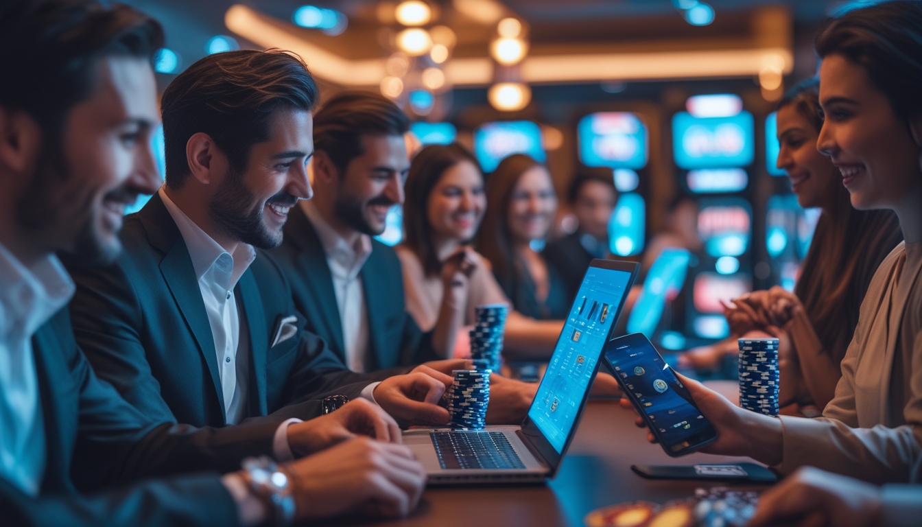 Orang-orang bermain permainan kasino online dengan laptop dan ponsel di lingkungan yang modern dan nyaman.