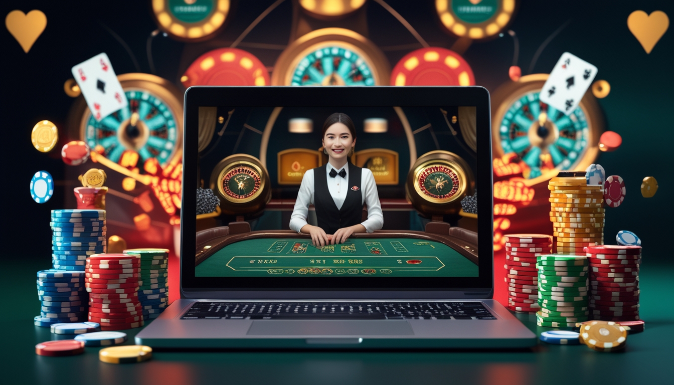 Seorang dealer kasino langsung yang ramah sedang bermain dengan pemain melalui komputer di lingkungan kasino online yang modern dan penuh warna.