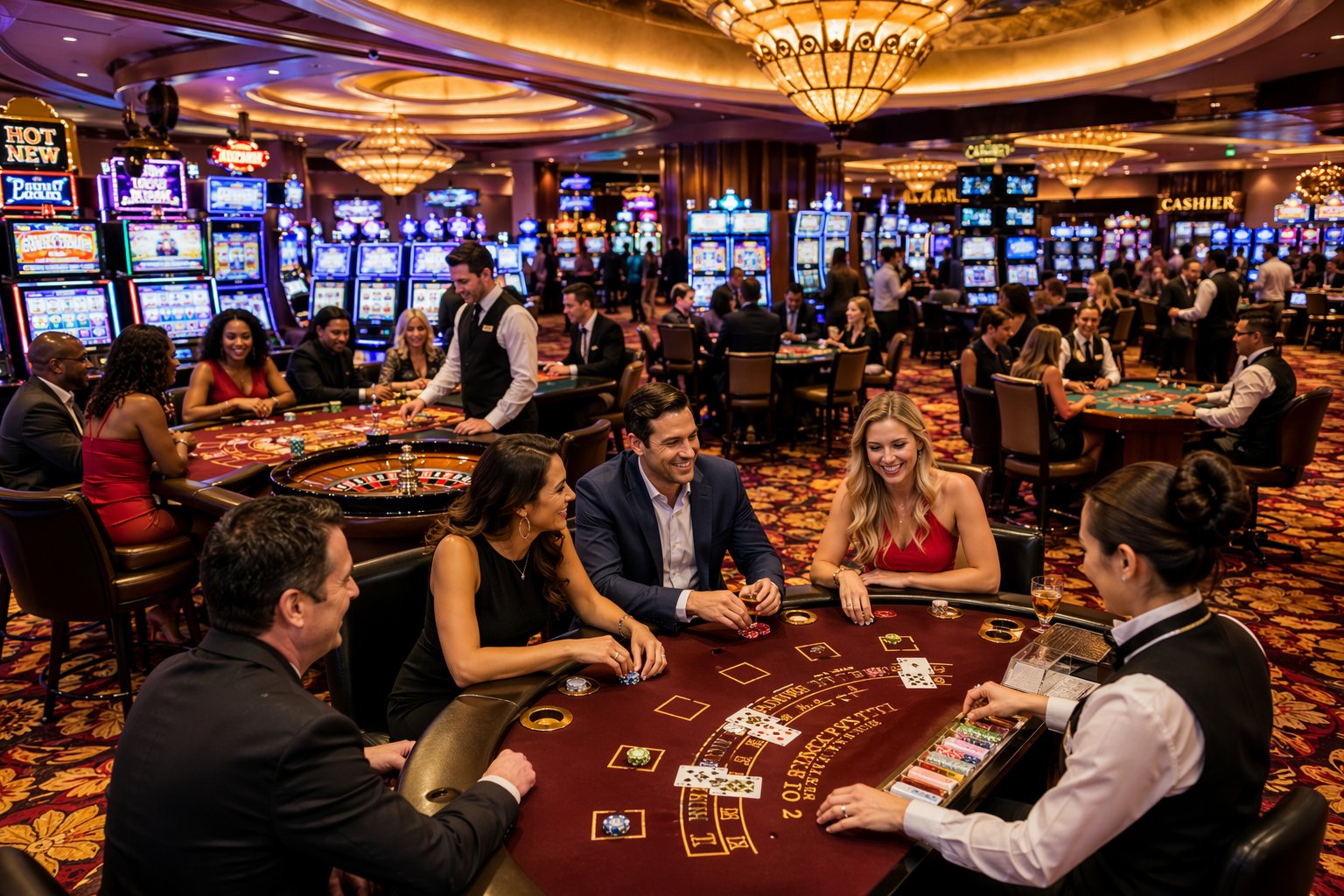 A Group Of People Enjoying A Casino With Slot Machines And Gaming Tables, Celebrating And Discussing Bonuses And Promotions.
