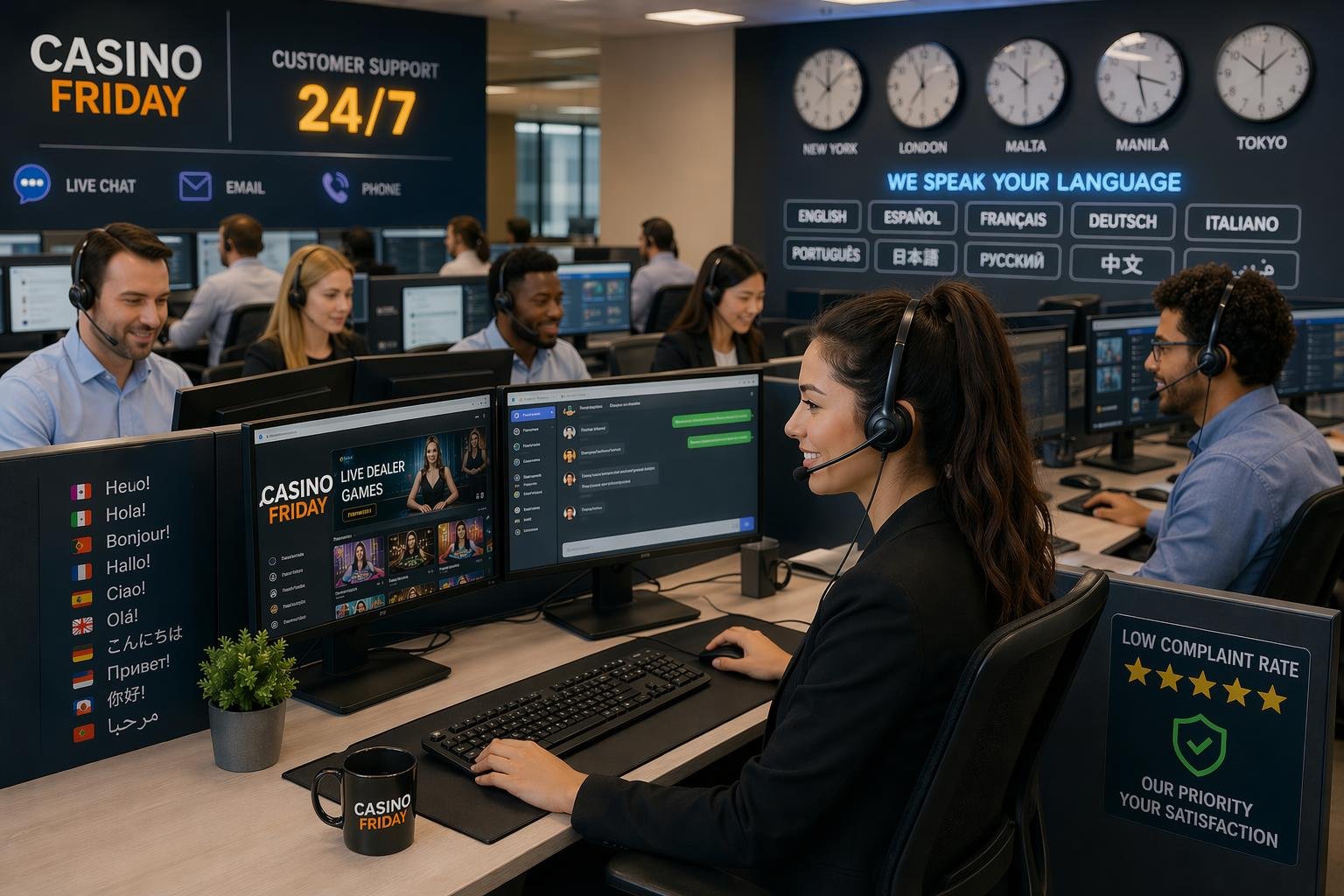 Customer Support Representatives Wearing Headsets Working At Computers With CasinoThemed Graphics In A Bright Office.