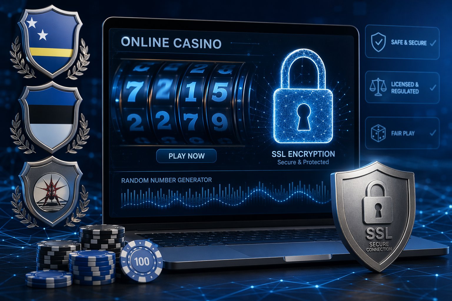 Casino Table With Dealer Handling Cards And Chips, Security Personnel In The Background Monitoring The Area.