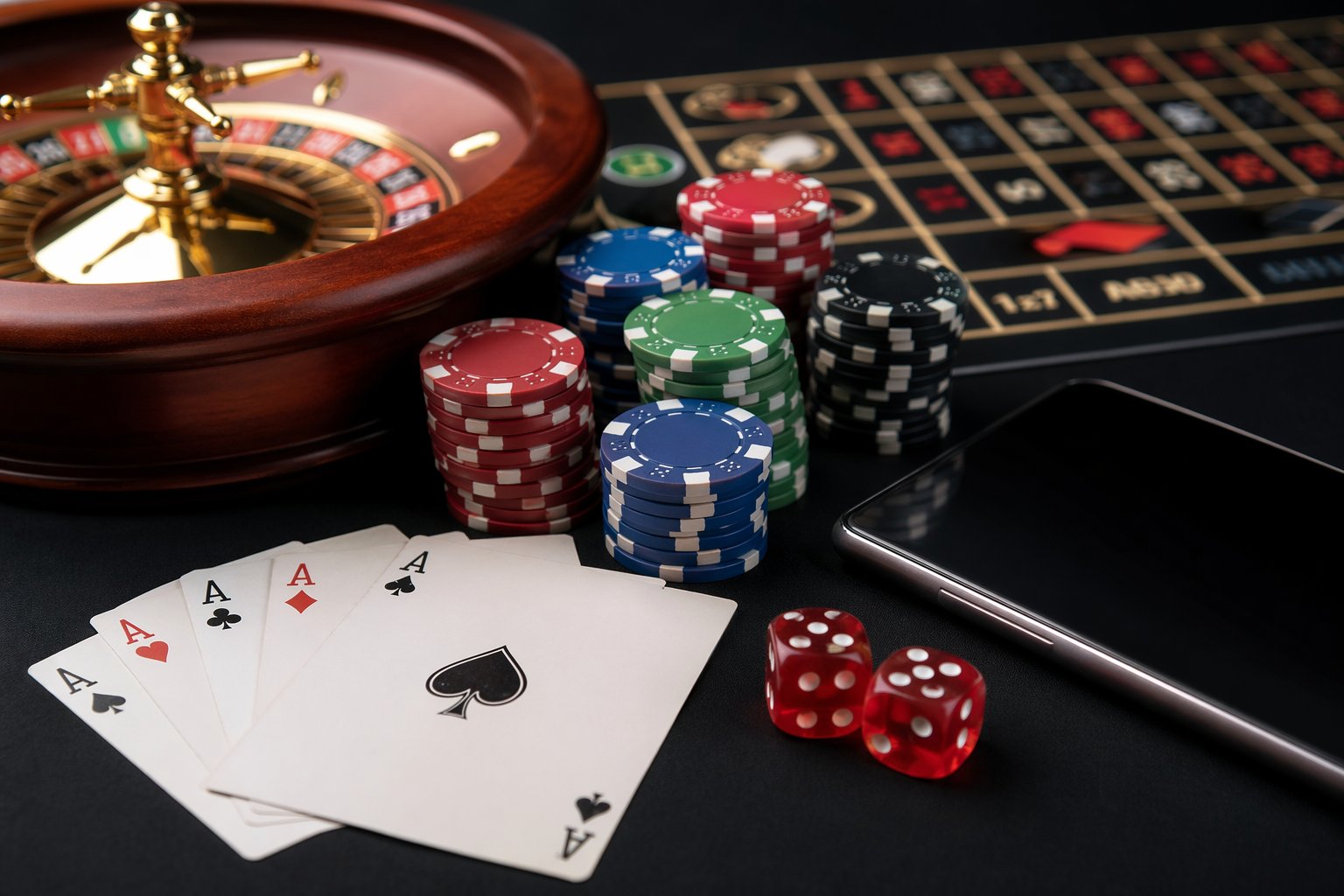 A Laptop On A Desk Surrounded By Poker Chips, Playing Cards, A Slot Machine Icon On One Side, And Cautionary Notes With A Warning Symbol And A Roulette Wheel On The Other Side.