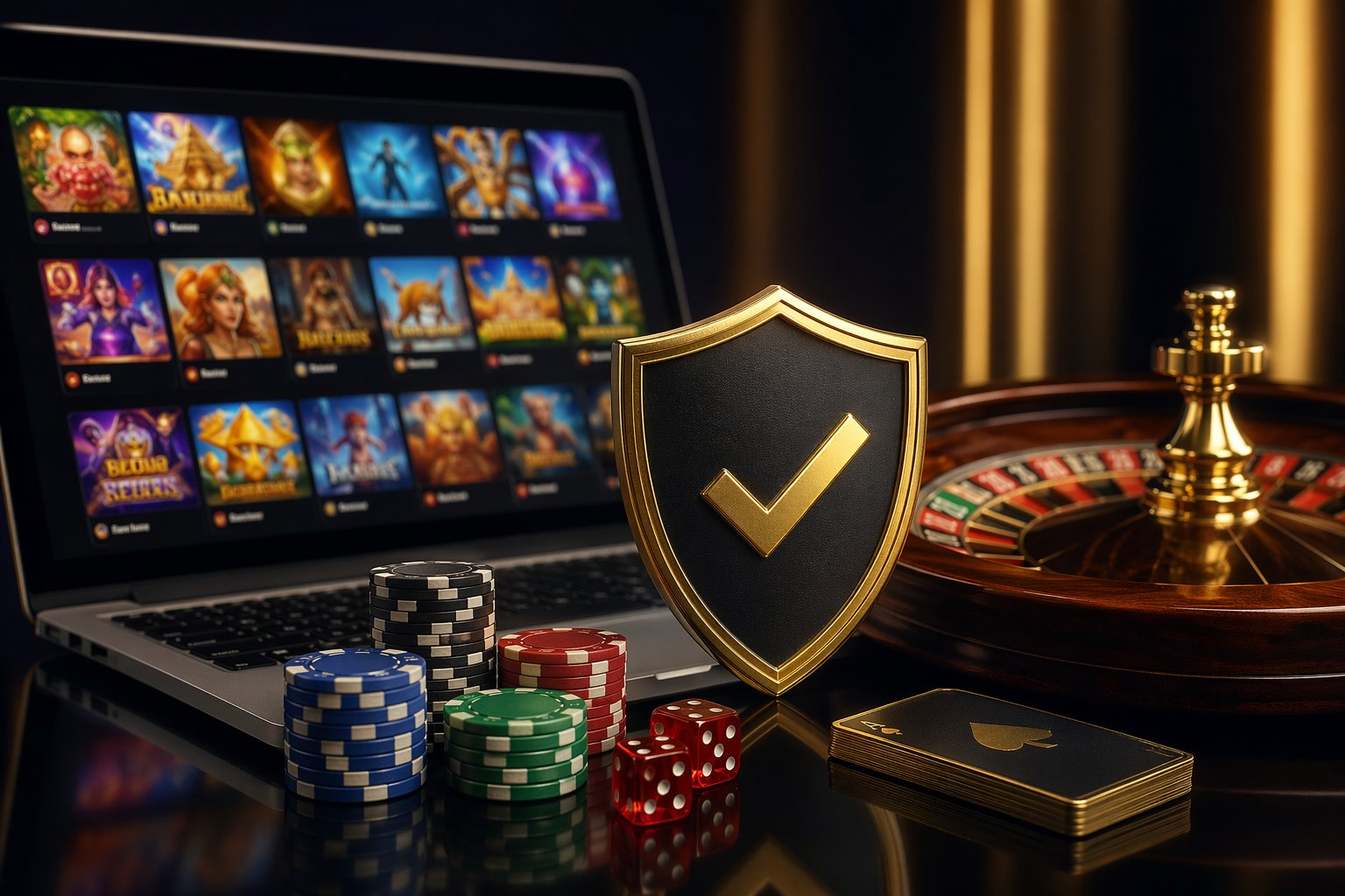 A Laptop On A Desk With A Balanced Scale Next To It, Poker Chips And Playing Cards On One Side, And Casino Bills With A Caution Symbol On The Other.