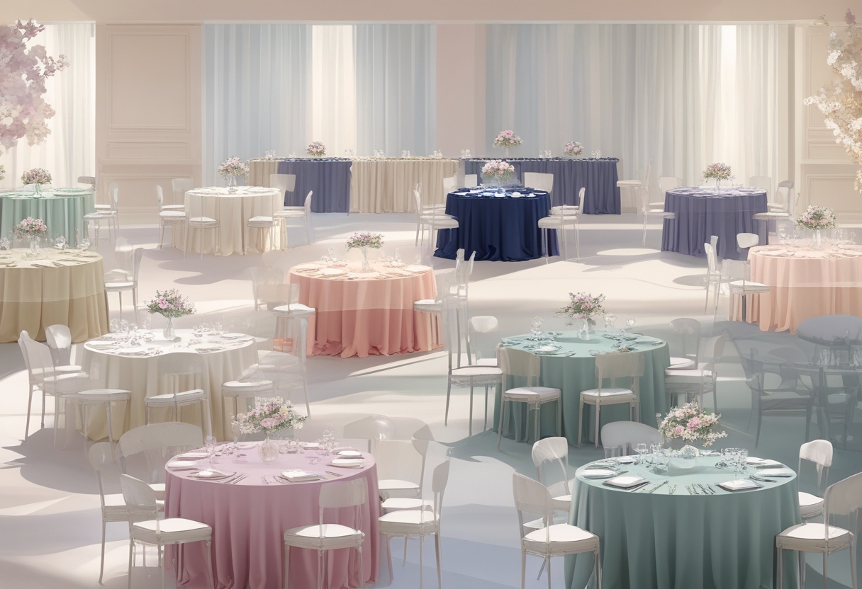 A reception hall with tables covered in various elegant tablecloth color combinations, each decorated with floral centerpieces and table settings.