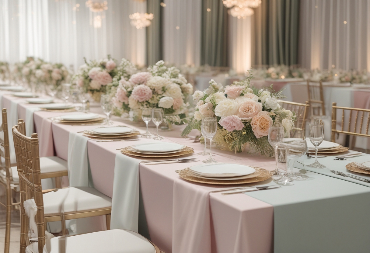 A wedding reception table set with elegant tablecloths in soft pastel and muted colors, decorated with floral centerpieces and fine dining settings.