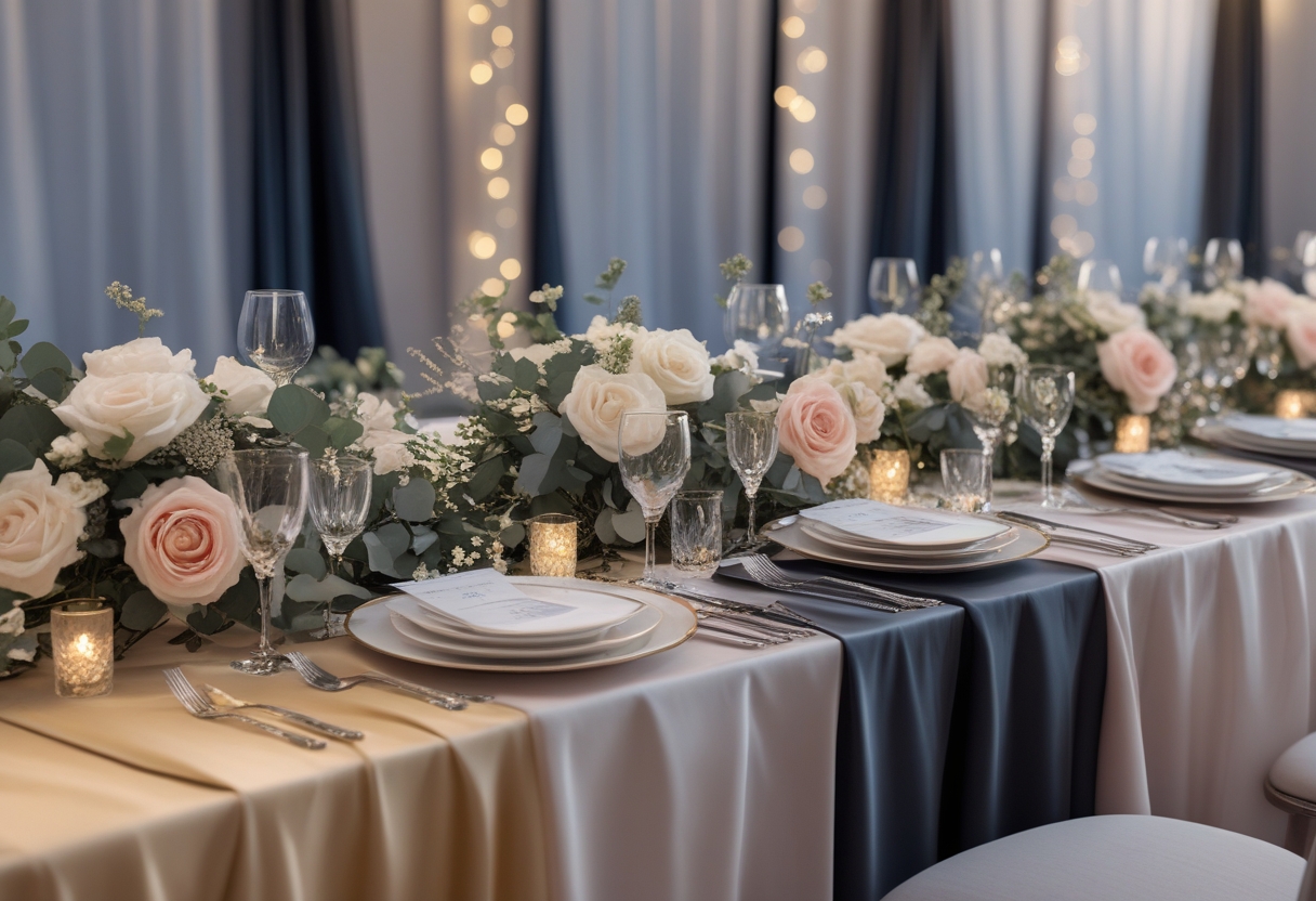 A wedding reception table set with elegant tablecloths in complementary colors, fine dinnerware, floral centerpieces, and soft ambient lighting.